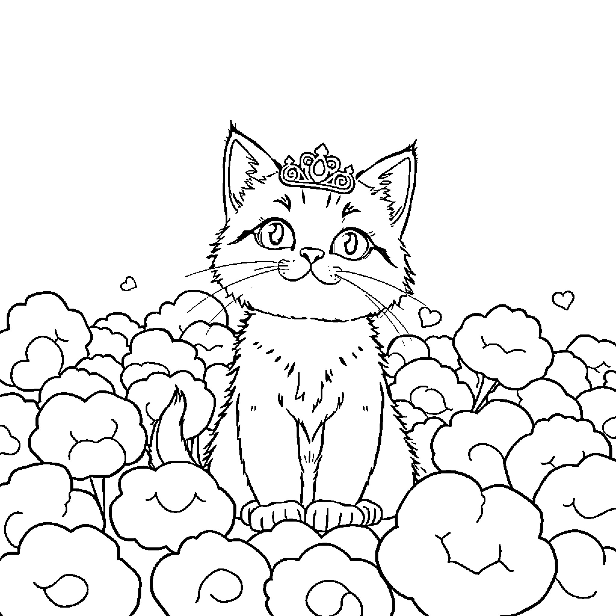 Cat Wearing a Crown in a Flowery Meadow Coloring Page (free black-and-white line drawing printable PDF for all, from beginners to advanced learners, including children, teens, adults, and seniors)