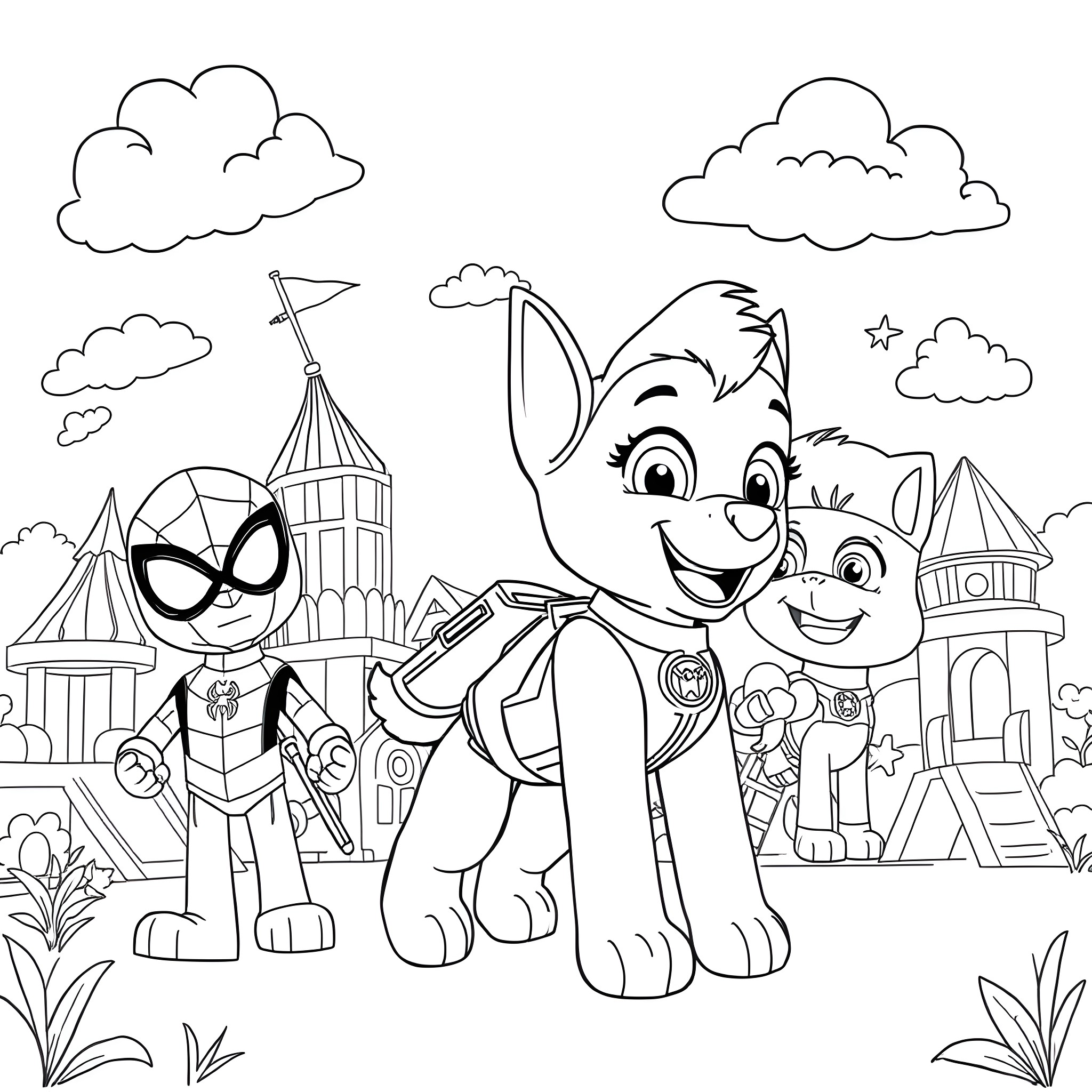 Skye and friends explore the castle grounds Coloring Page (free black-and-white line drawing printable PDF for all, from beginners to advanced learners, including children, teens, adults, and seniors)