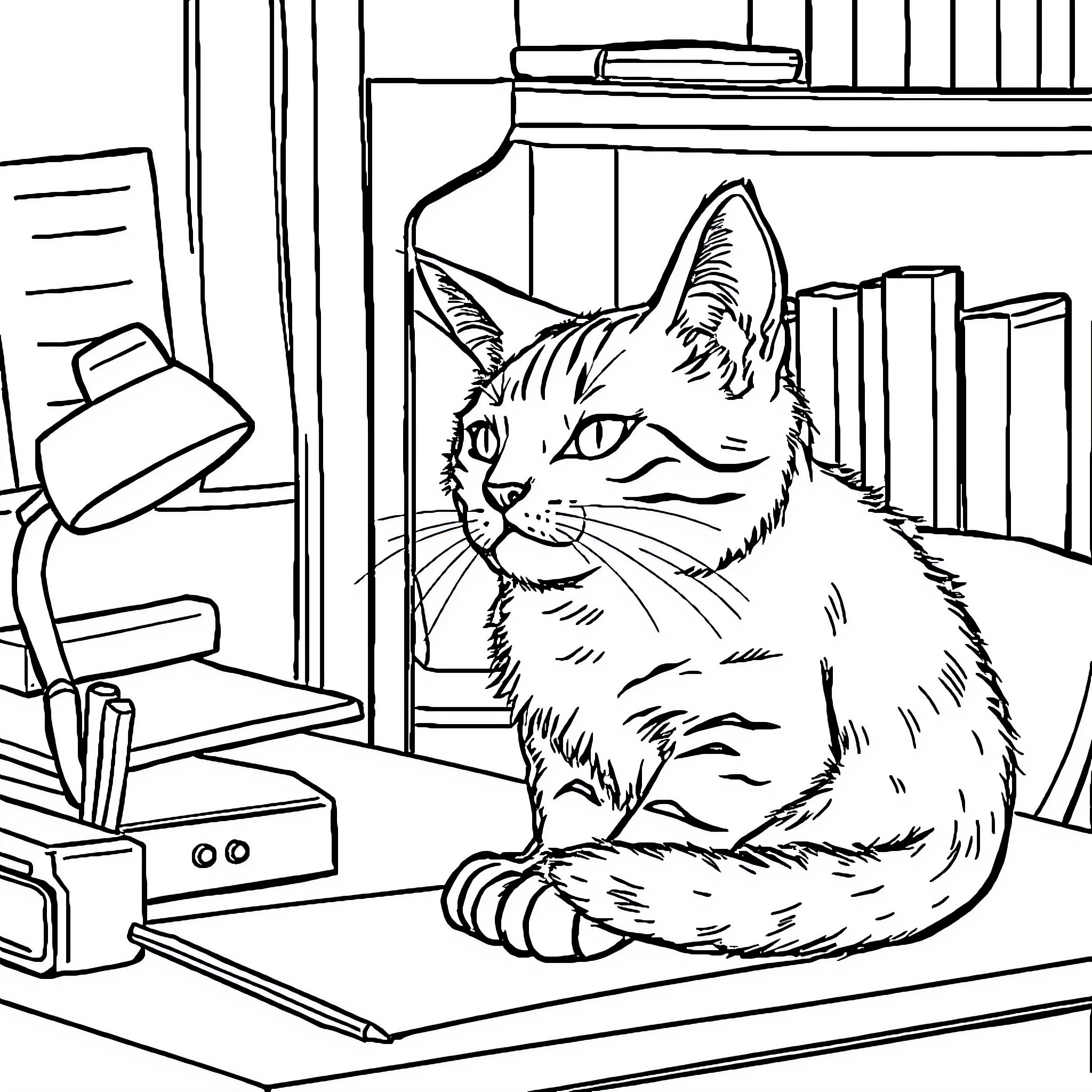 Chat with an attentive cat in the study Coloring Page (free black-and-white line drawing printable PDF for all, from beginners to advanced learners, including children, teens, adults, and seniors)