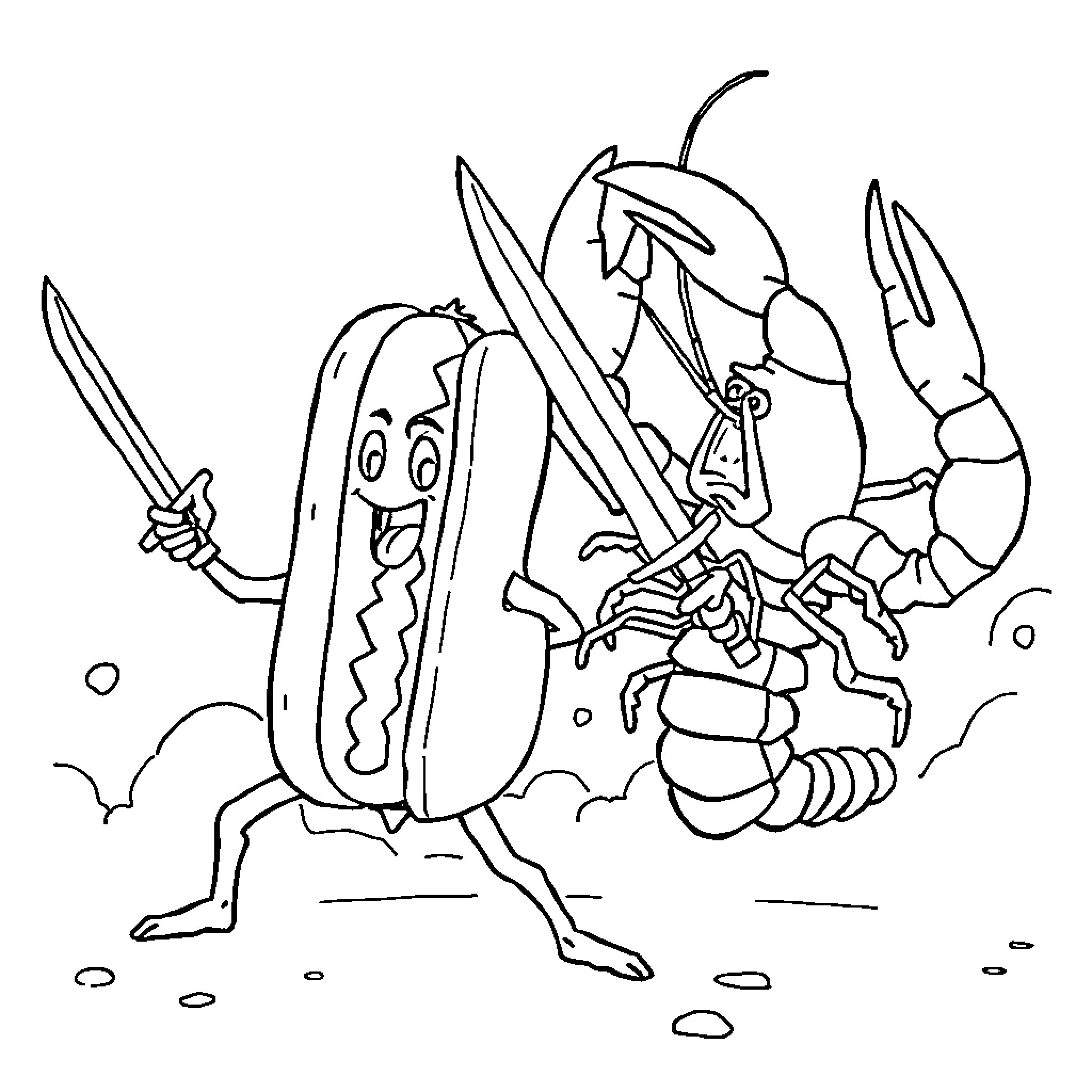 Hotdog battling a giant crab with swords Coloring Page (free black-and-white line drawing printable PDF for all, from beginners to advanced learners, including children, teens, adults, and seniors)