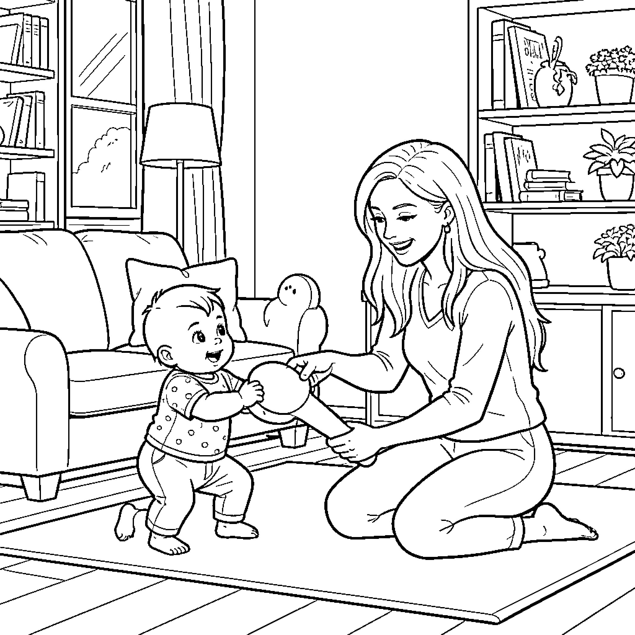 Baby playing with a toy alongside a woman Coloring Page (free black-and-white line drawing printable PDF for all, from beginners to advanced learners, including children, teens, adults, and seniors)