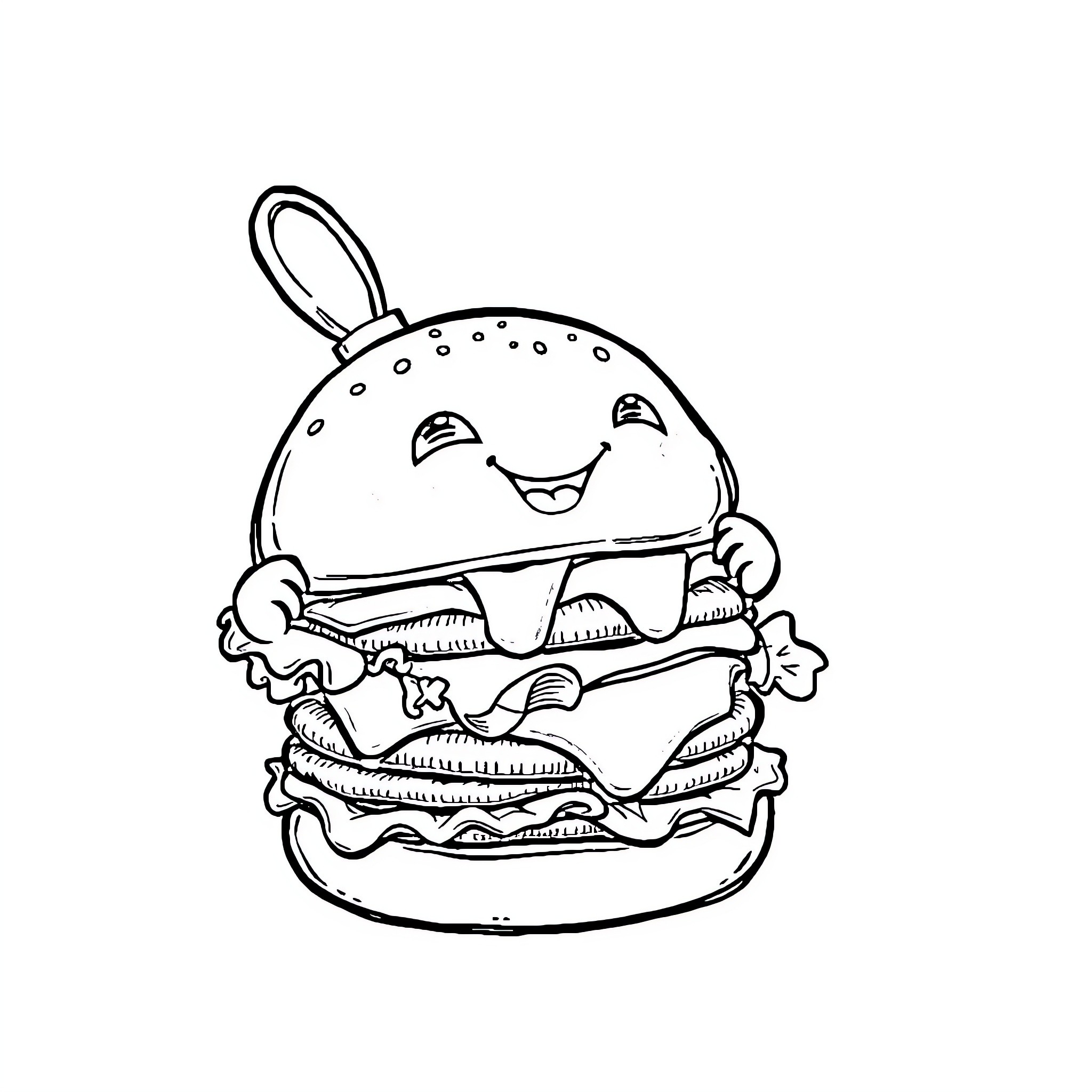 Bloppy Burger Enjoying a Tasty Treat Coloring Page (free black-and-white line drawing printable PDF for all, from beginners to advanced learners, including children, teens, adults, and seniors)