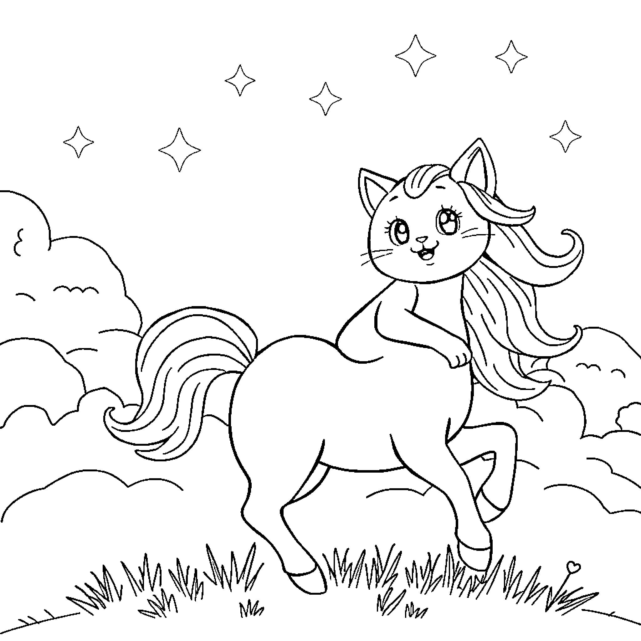 Cat magical unicorn in starry night Coloring Page (free black-and-white line drawing printable PDF for all, from beginners to advanced learners, including children, teens, adults, and seniors)
