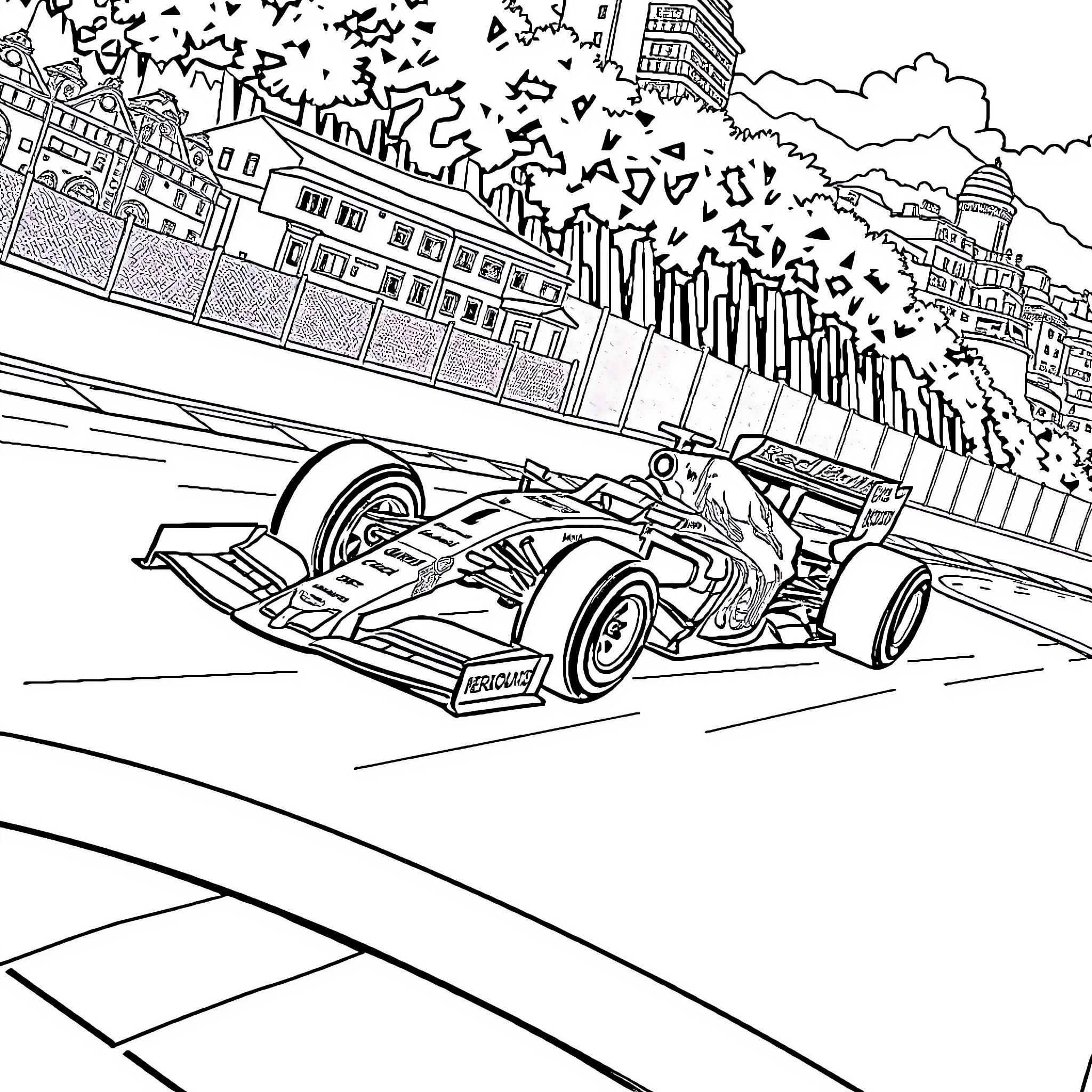F1 Car speeding through city streets Coloring Page (free black-and-white line drawing printable PDF for all, from beginners to advanced learners, including children, teens, adults, and seniors)