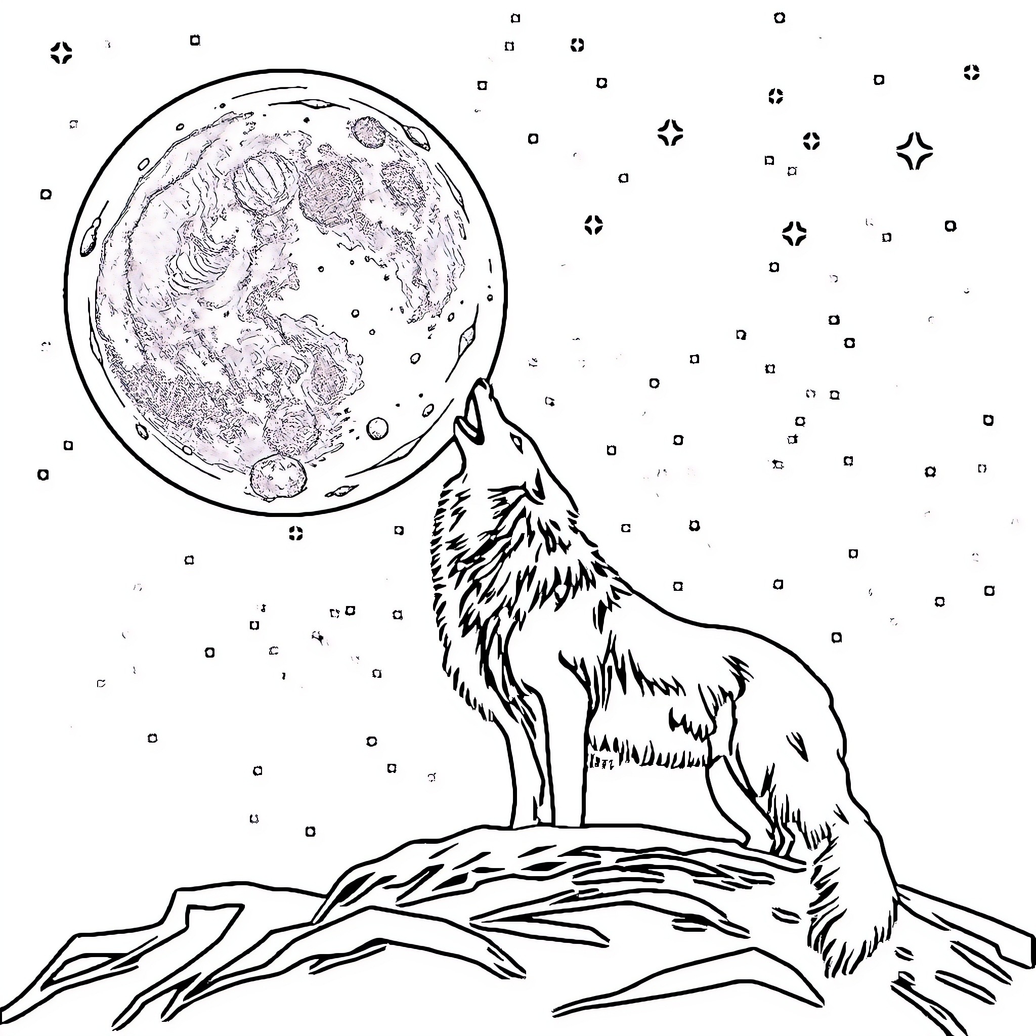 Wolf howling at the moon in the starry night Coloring Page (free black-and-white line drawing printable PDF for all, from beginners to advanced learners, including children, teens, adults, and seniors)
