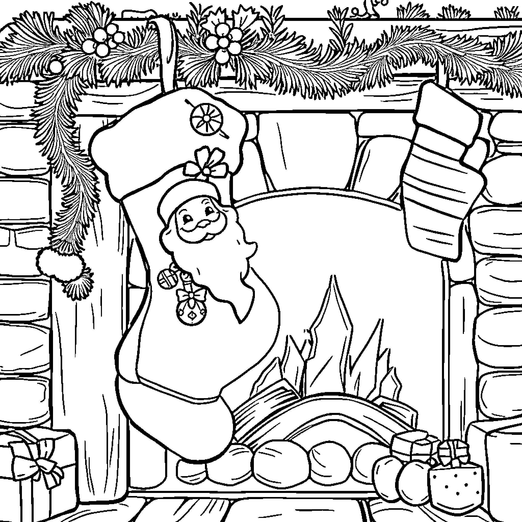 Stocking Hanging by Fireplace with Christmas Decorations Coloring Page (free black-and-white line drawing printable PDF for all, from beginners to advanced learners, including children, teens, adults, and seniors)