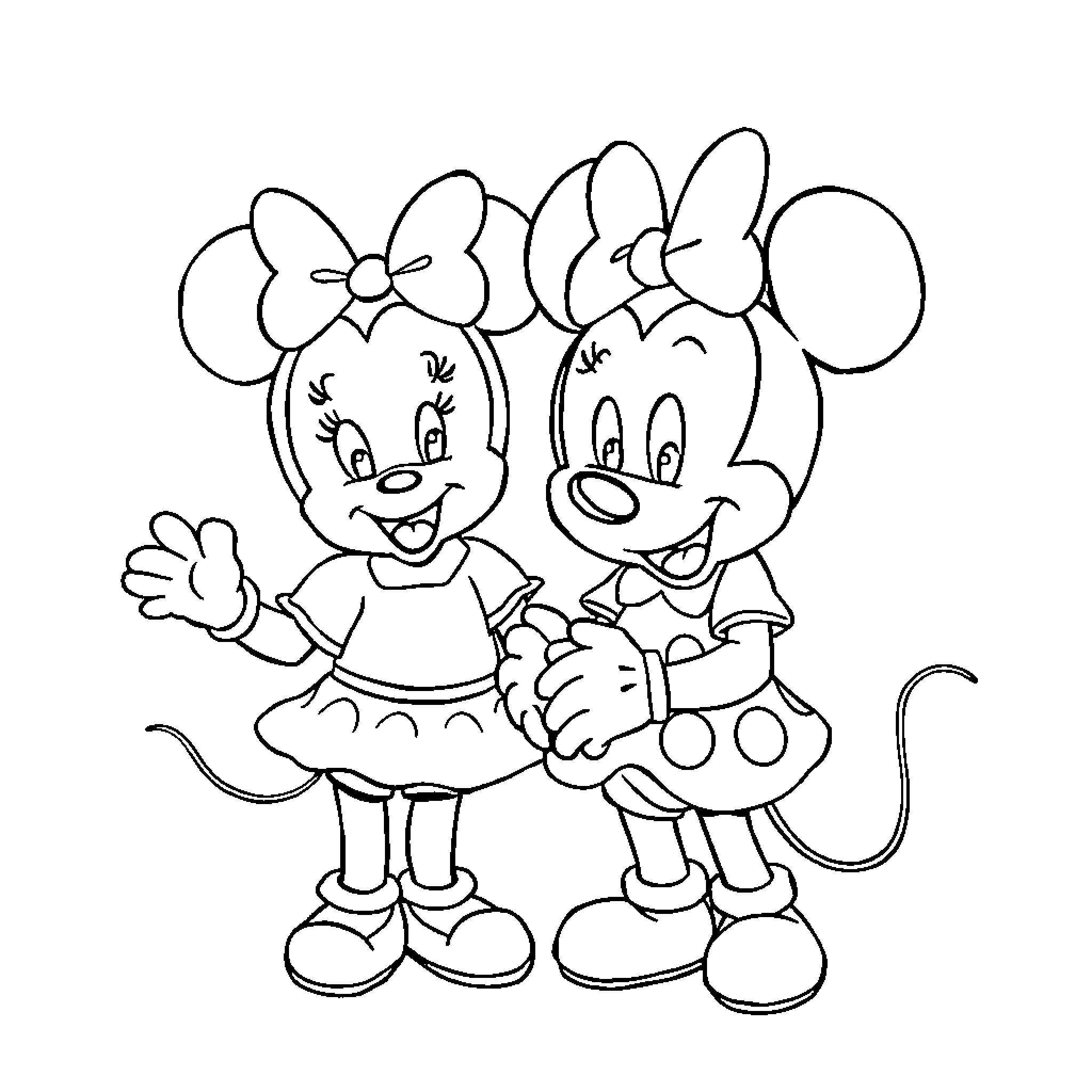 Minnie and Mickey happily waving together Coloring Page (free black-and-white line drawing printable PDF for all, from beginners to advanced learners, including children, teens, adults, and seniors)