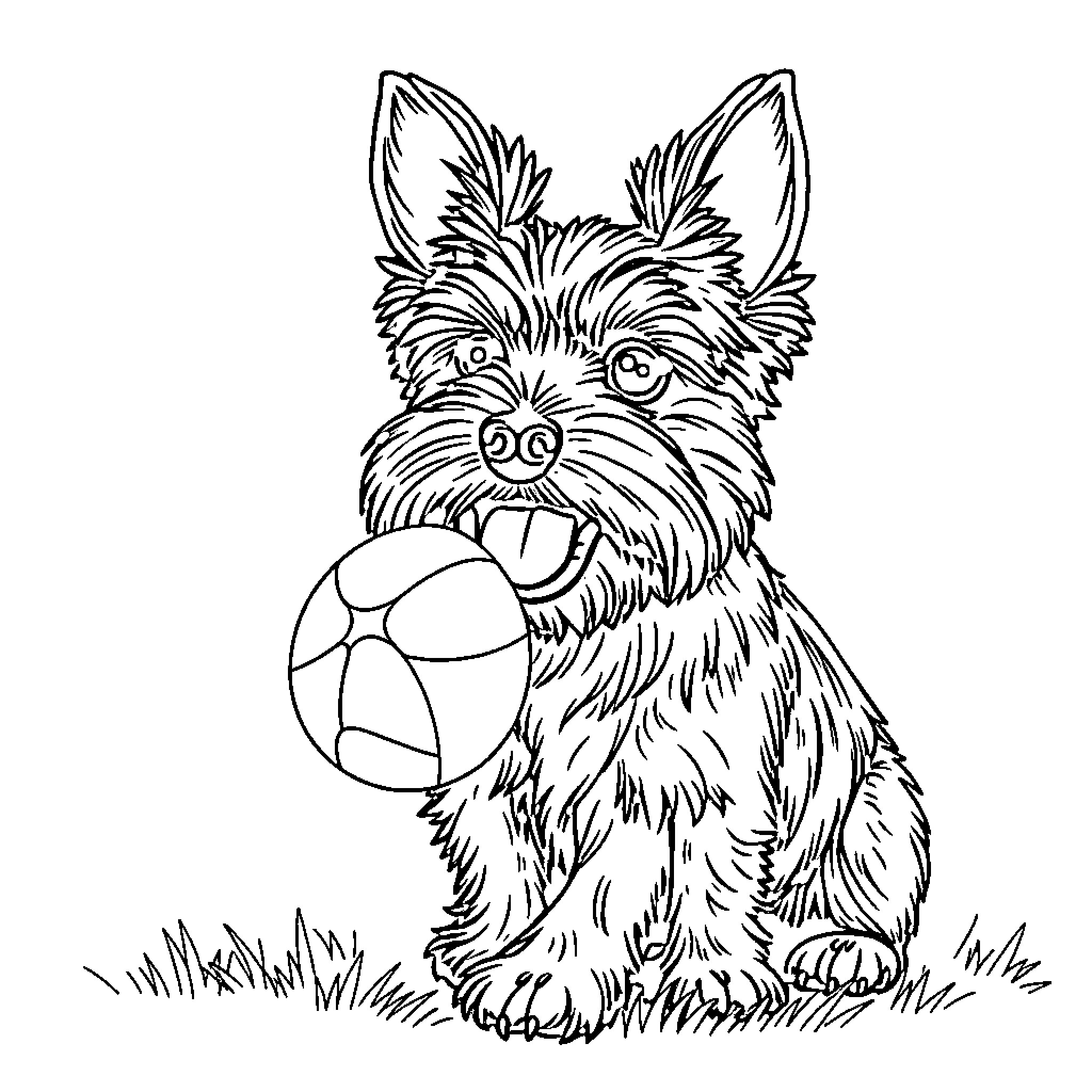 Yorkshire Terrier playing with colorful ball Coloring Page (free black-and-white line drawing printable PDF for all, from beginners to advanced learners, including children, teens, adults, and seniors)