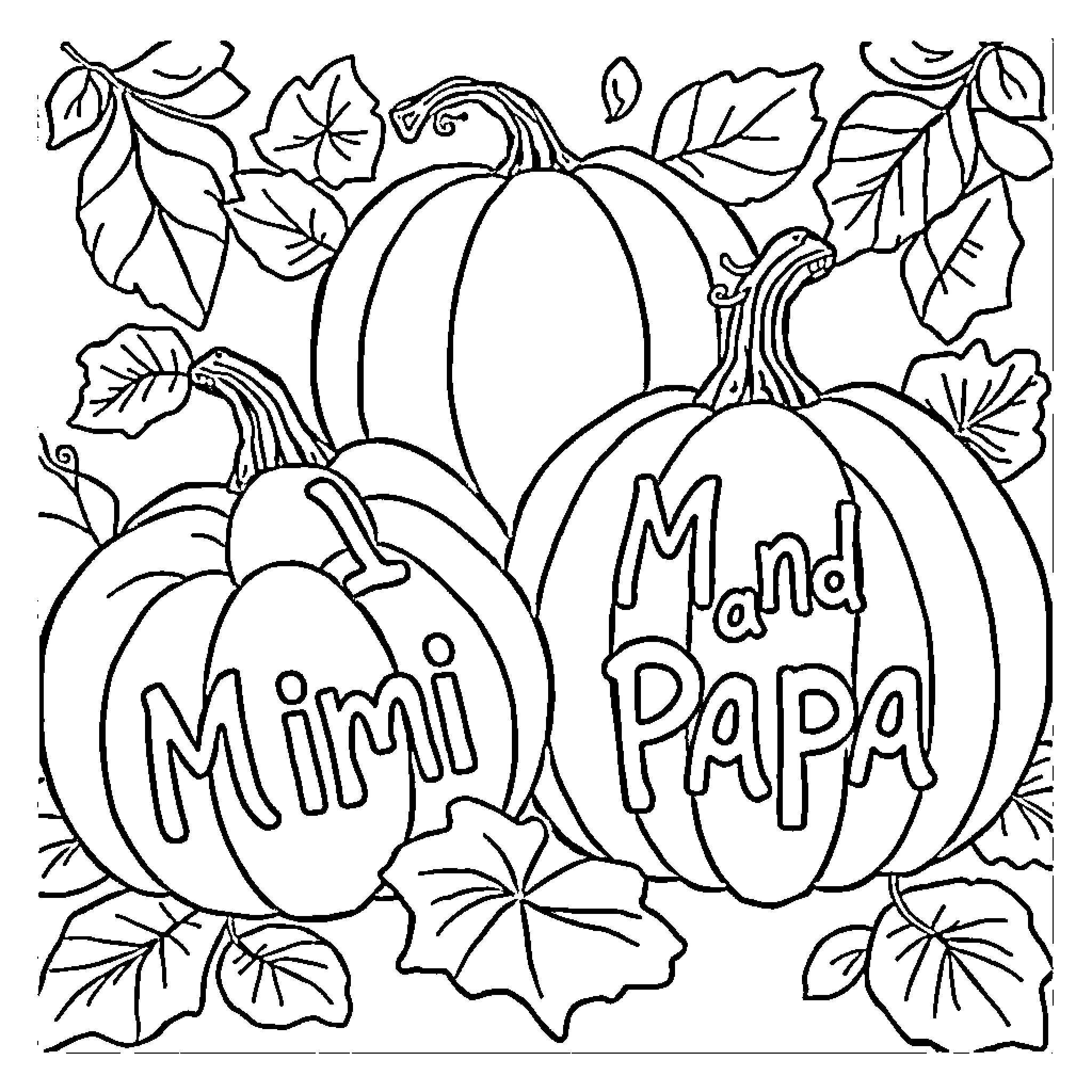 Pumpkins with endearing messages and autumn foliage Coloring Page (free black-and-white line drawing printable PDF for all, from beginners to advanced learners, including children, teens, adults, and seniors)