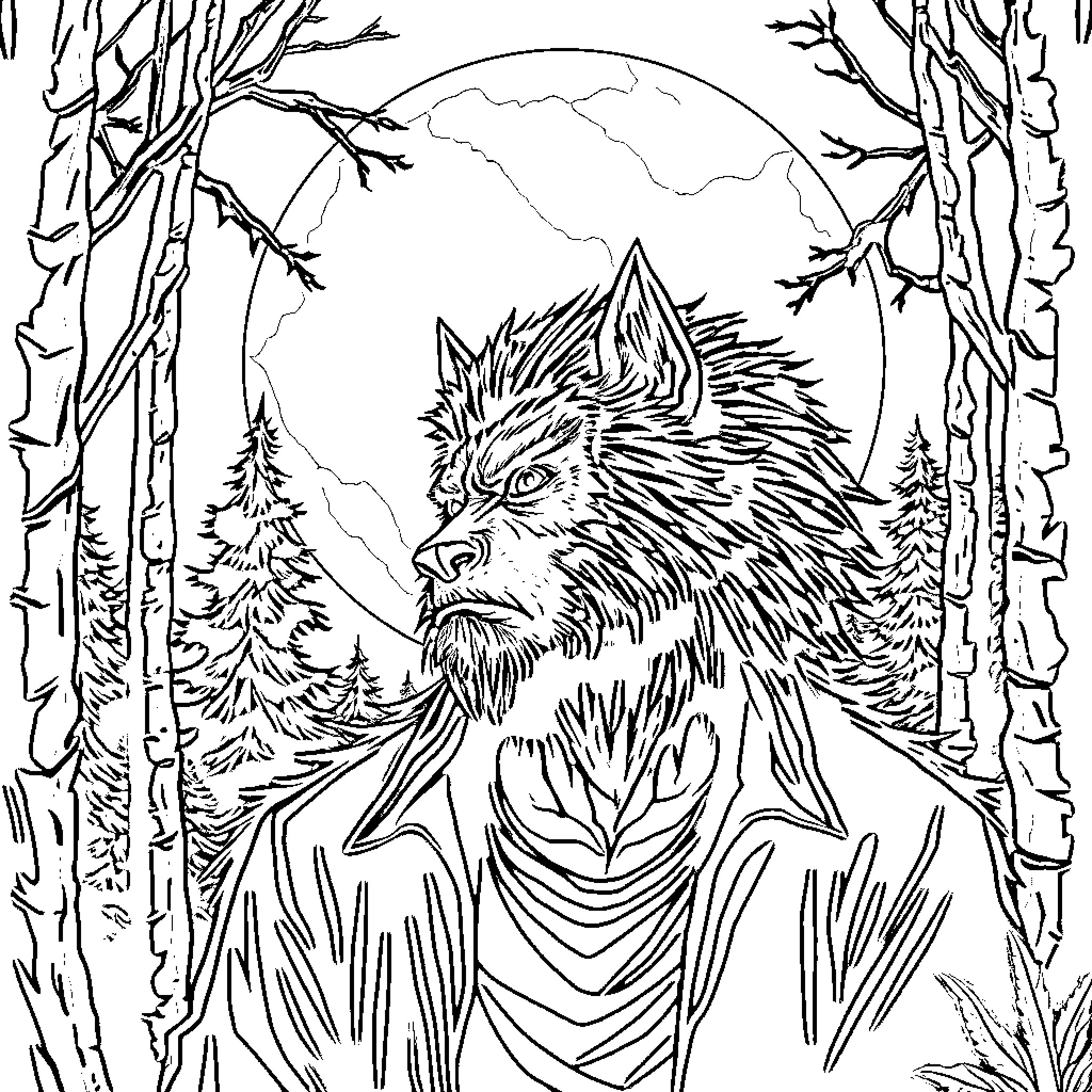Werewolf emerging from the forest at night Coloring Page (free black-and-white line drawing printable PDF for all, from beginners to advanced learners, including children, teens, adults, and seniors)