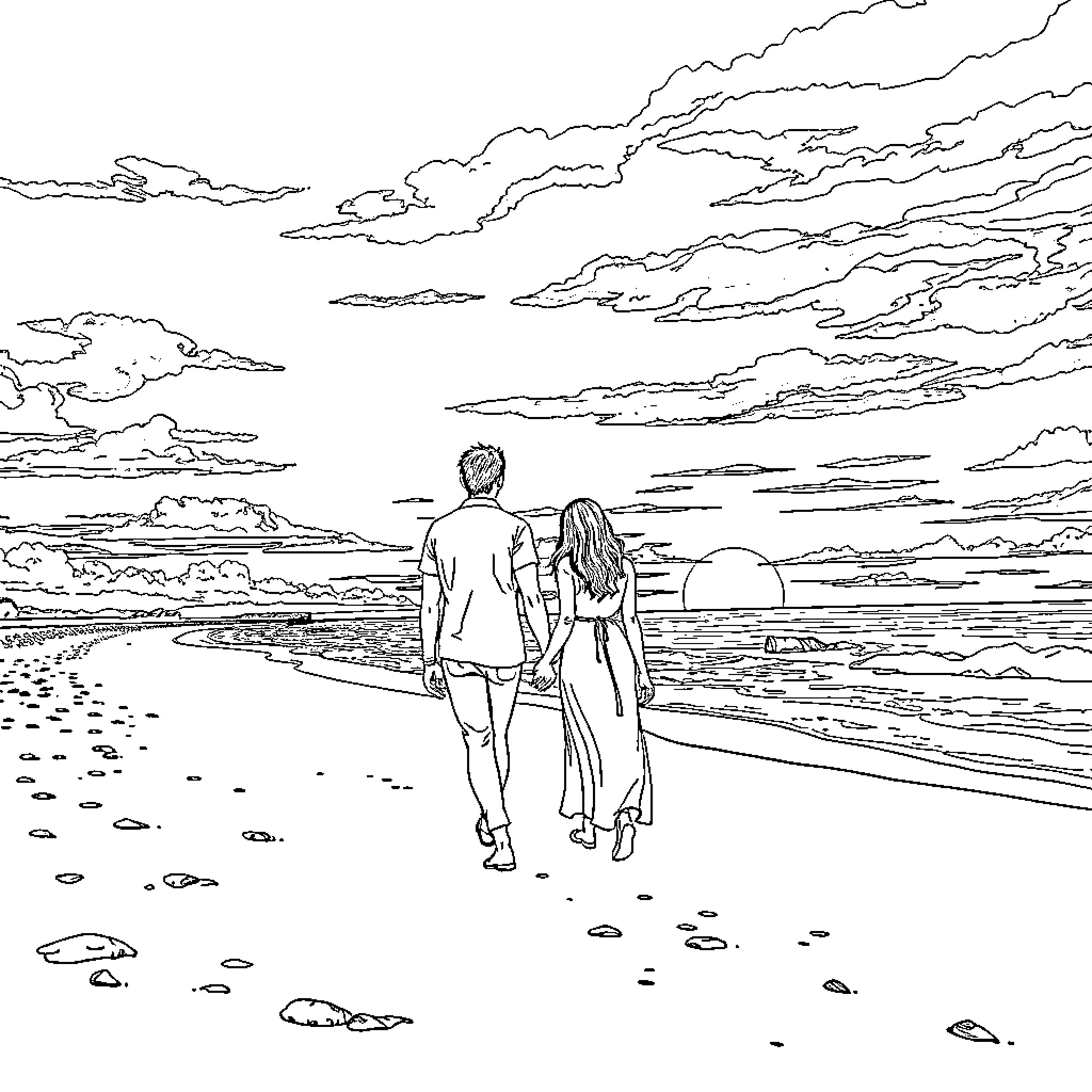 Person walking together on a beach at sunset Coloring Page (free black-and-white line drawing printable PDF for all, from beginners to advanced learners, including children, teens, adults, and seniors)