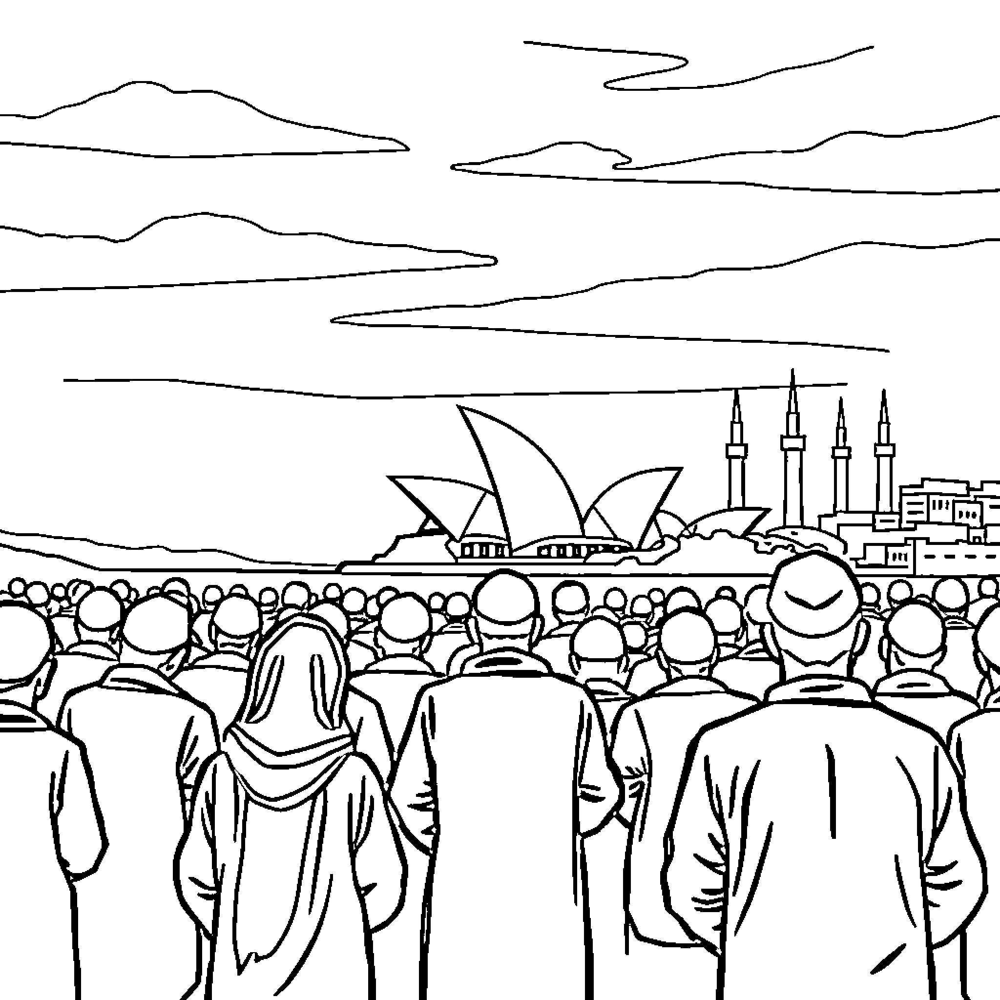 Muslim gathering in a cityscape with iconic landmarks Coloring Page (free black-and-white line drawing printable PDF for all, from beginners to advanced learners, including children, teens, adults, and seniors)
