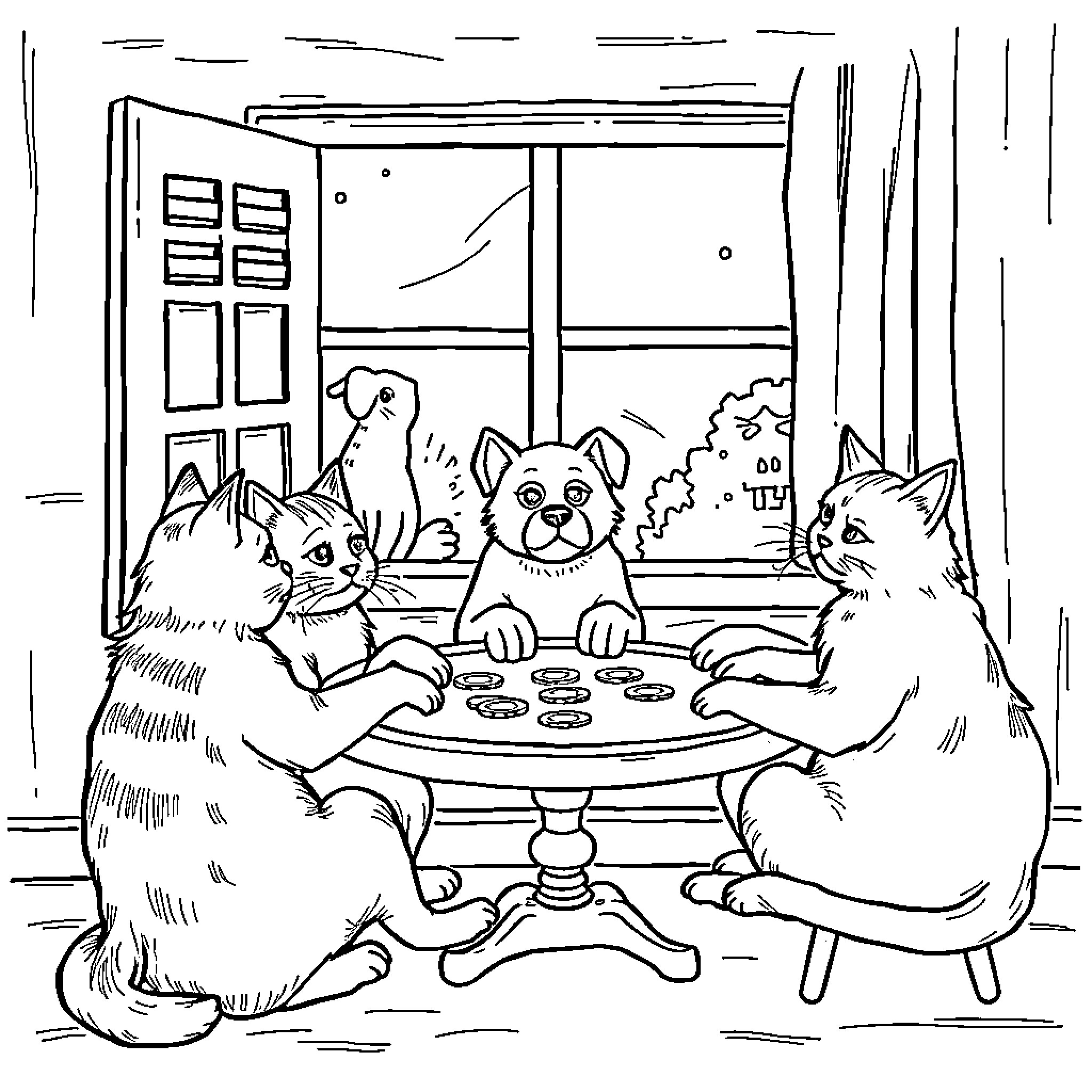 Cats playing games in the living room Coloring Page (free black-and-white line drawing printable PDF for all, from beginners to advanced learners, including children, teens, adults, and seniors)