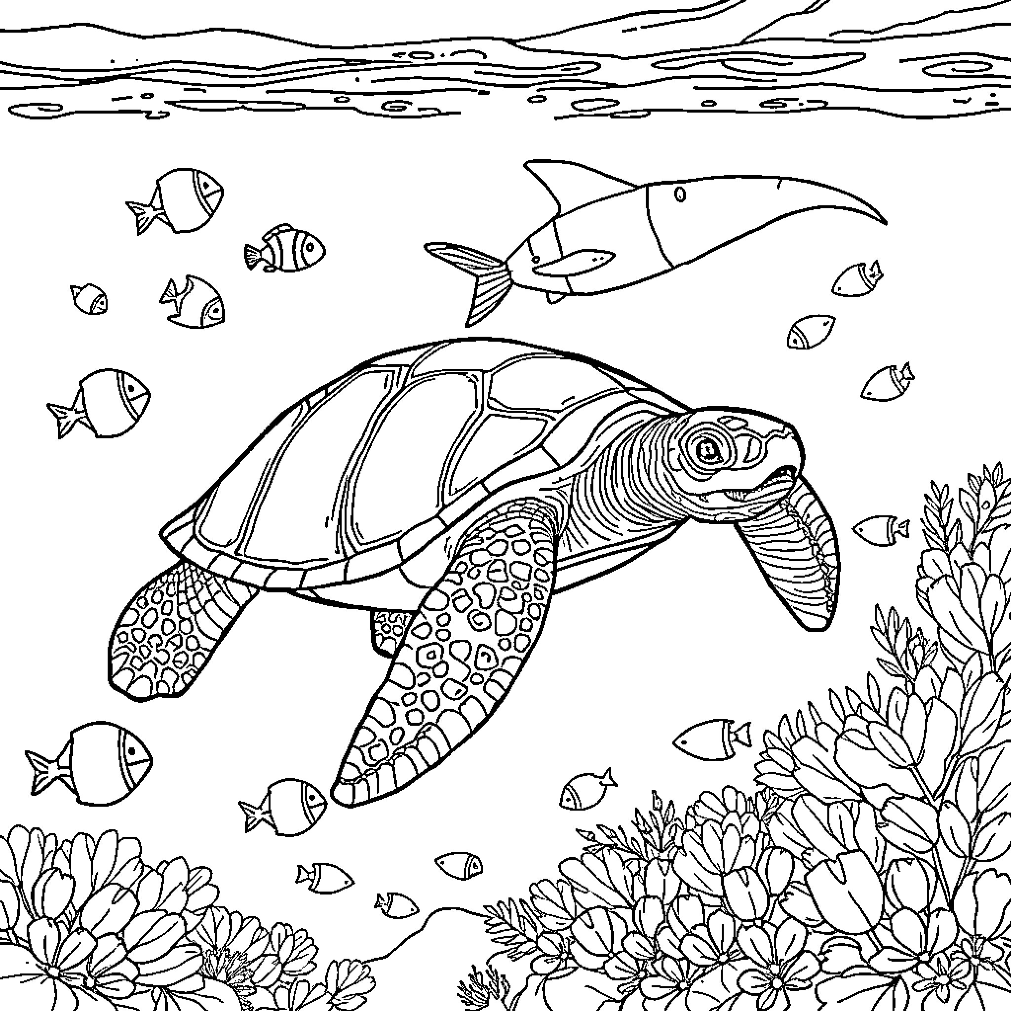 Turtle swimming among colorful sea creatures Coloring Page (free black-and-white line drawing printable PDF for all, from beginners to advanced learners, including children, teens, adults, and seniors)