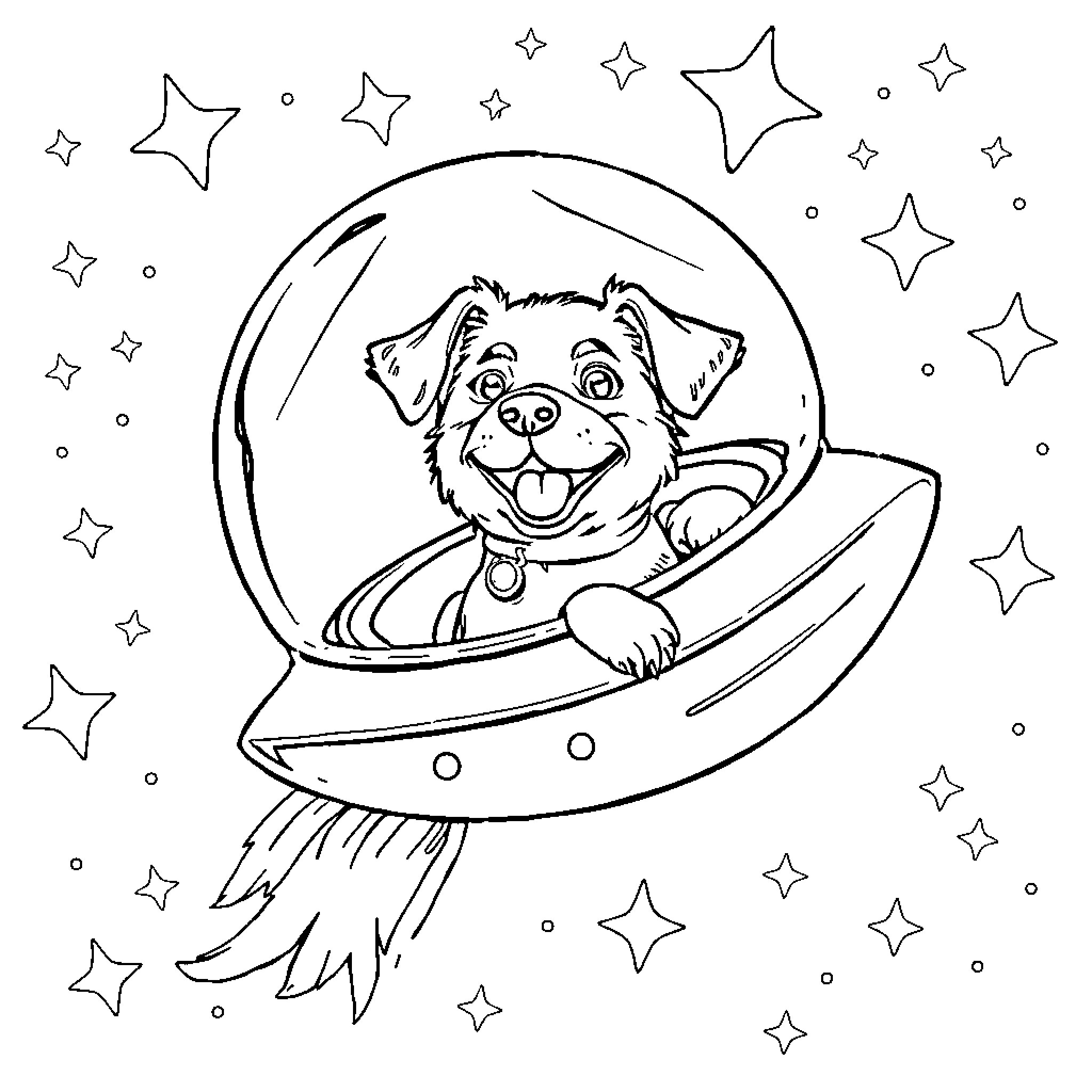 Dog enjoying a space adventure Coloring Page (free black-and-white line drawing printable PDF for all, from beginners to advanced learners, including children, teens, adults, and seniors)