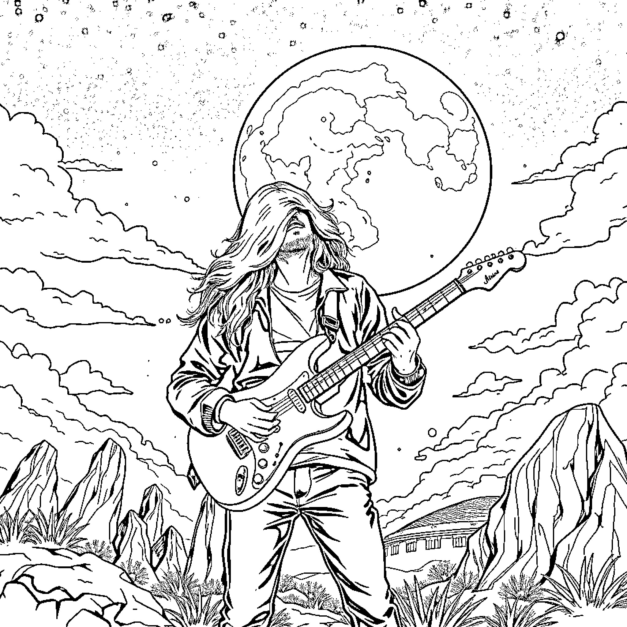 Electric Guitar Player in Moonlit Landscape Coloring Page (free black-and-white line drawing printable PDF for all, from beginners to advanced learners, including children, teens, adults, and seniors)