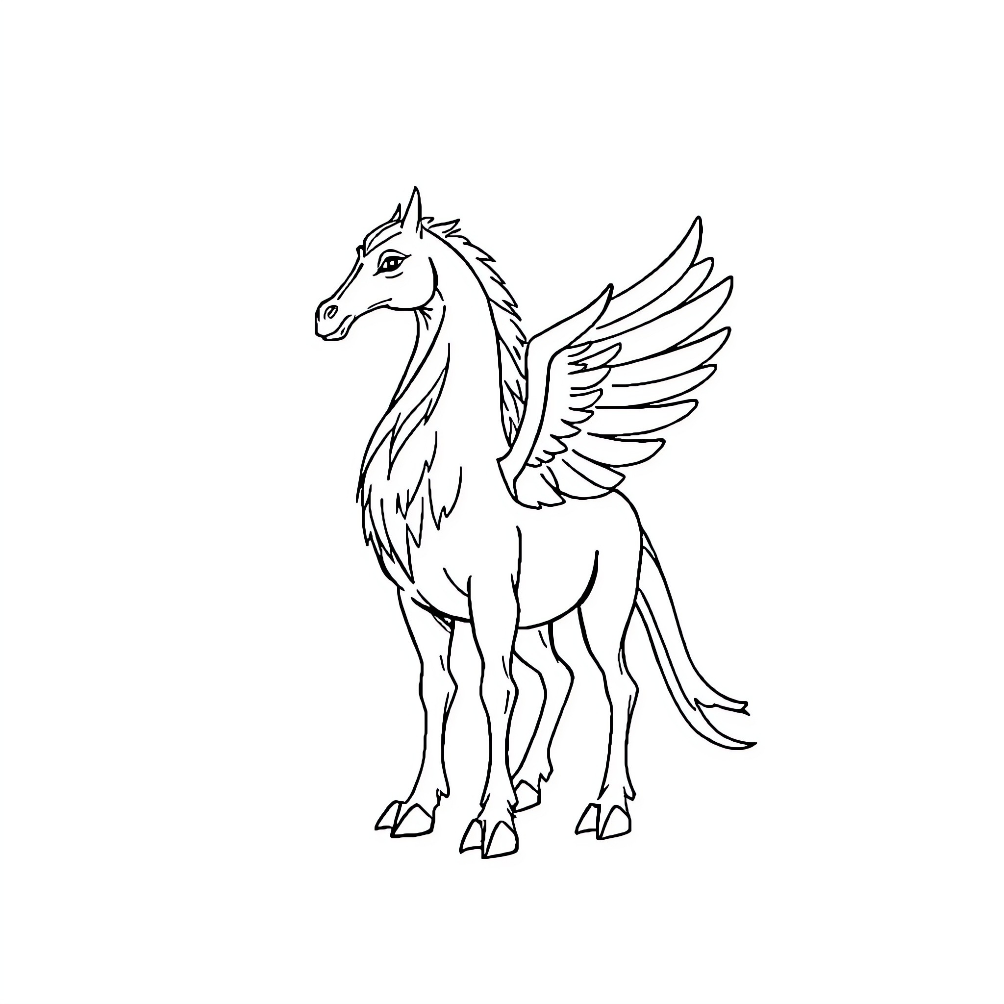 Hippogriff standing with wings spread Coloring Page (free black-and-white line drawing printable PDF for all, from beginners to advanced learners, including children, teens, adults, and seniors)