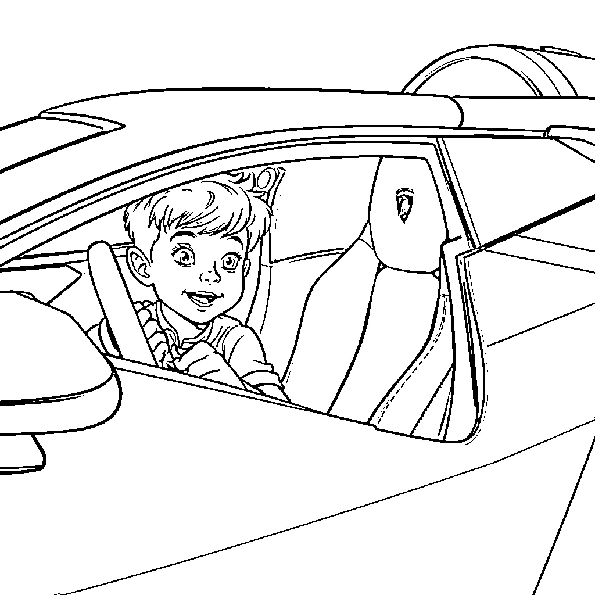 Boy driving a futuristic vehicle Coloring Page (free black-and-white line drawing printable PDF for all, from beginners to advanced learners, including children, teens, adults, and seniors)