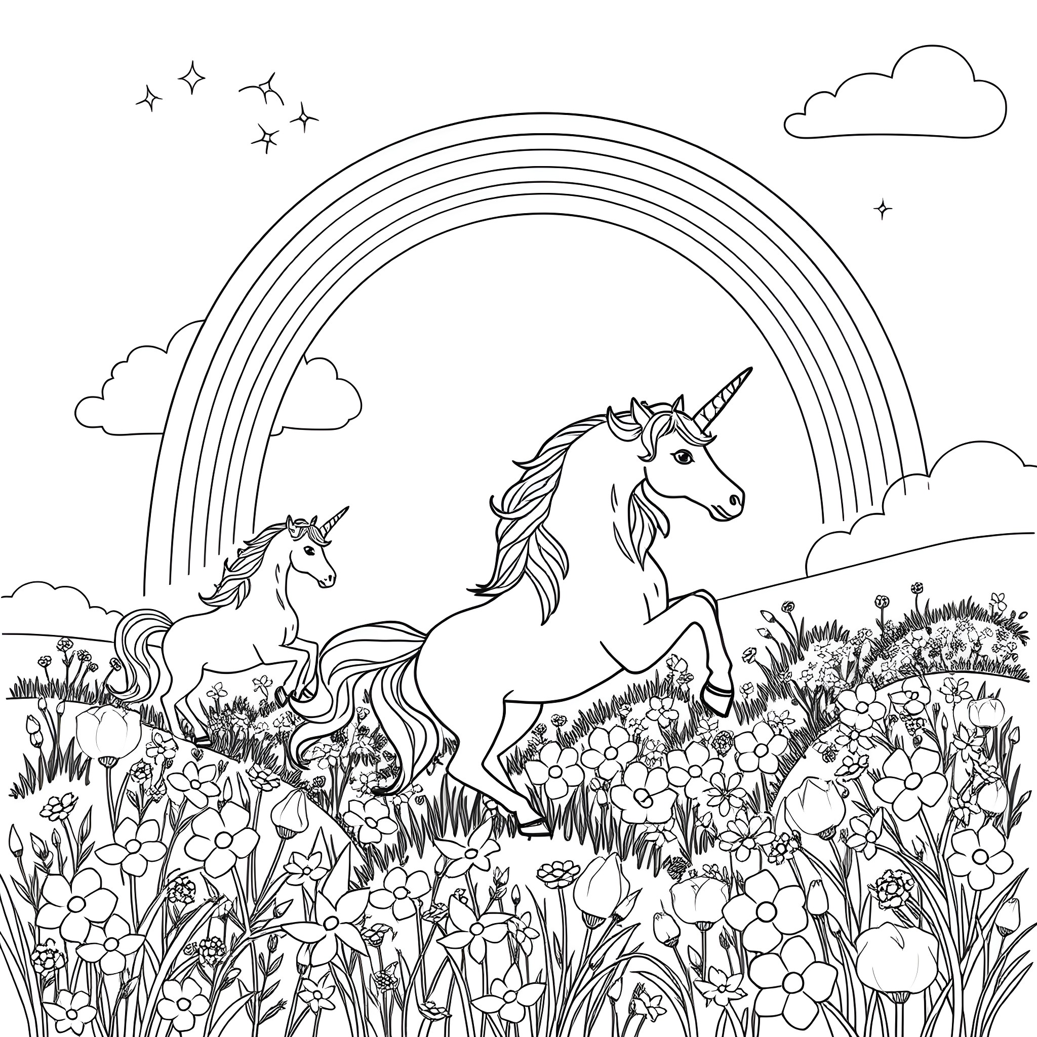 Unicorn Pair Galloping Through Enchanted Meadow Coloring Page (free black-and-white line drawing printable PDF for all, from beginners to advanced learners, including children, teens, adults, and seniors)