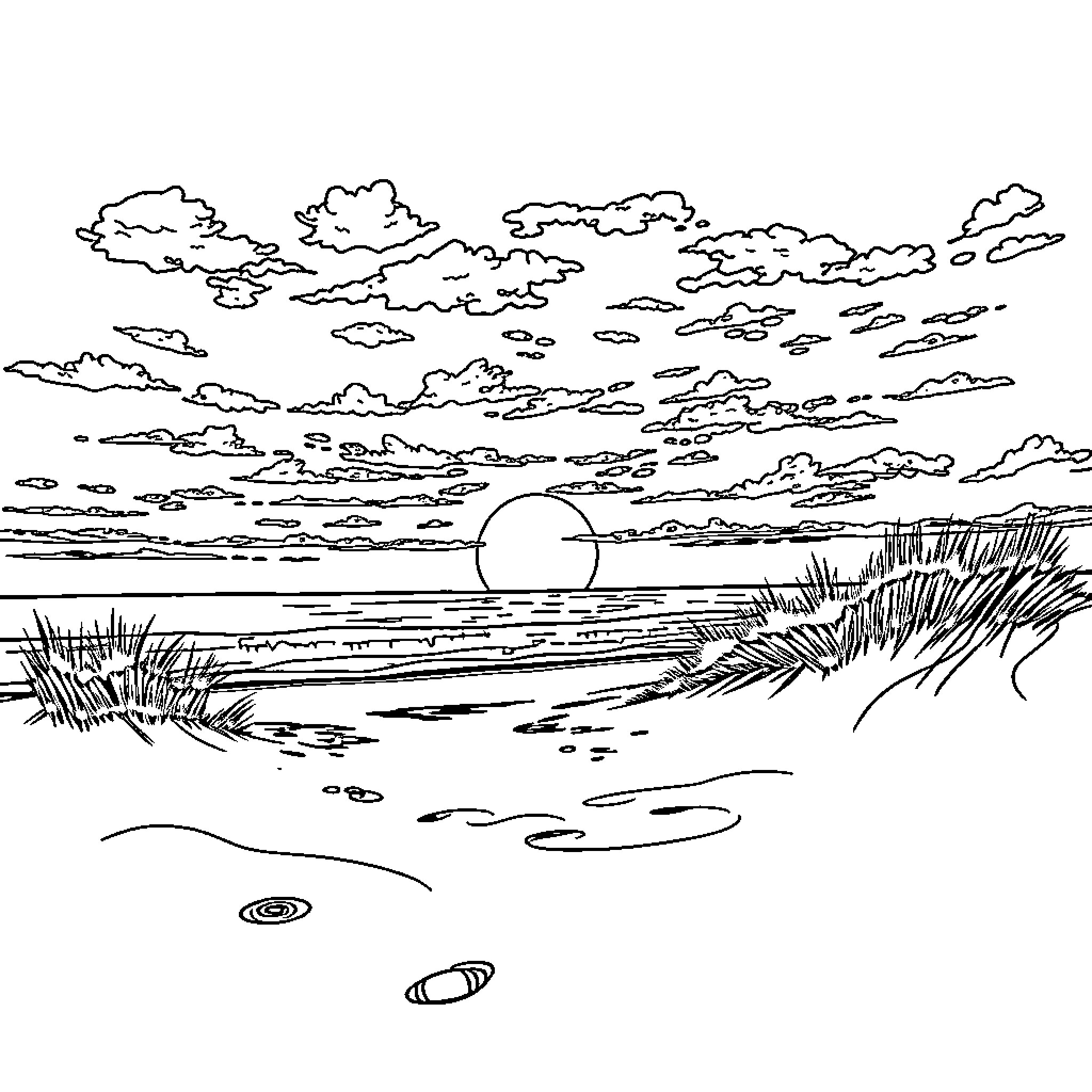 Sunset over the serene beach Coloring Page (free black-and-white line drawing printable PDF for all, from beginners to advanced learners, including children, teens, adults, and seniors)