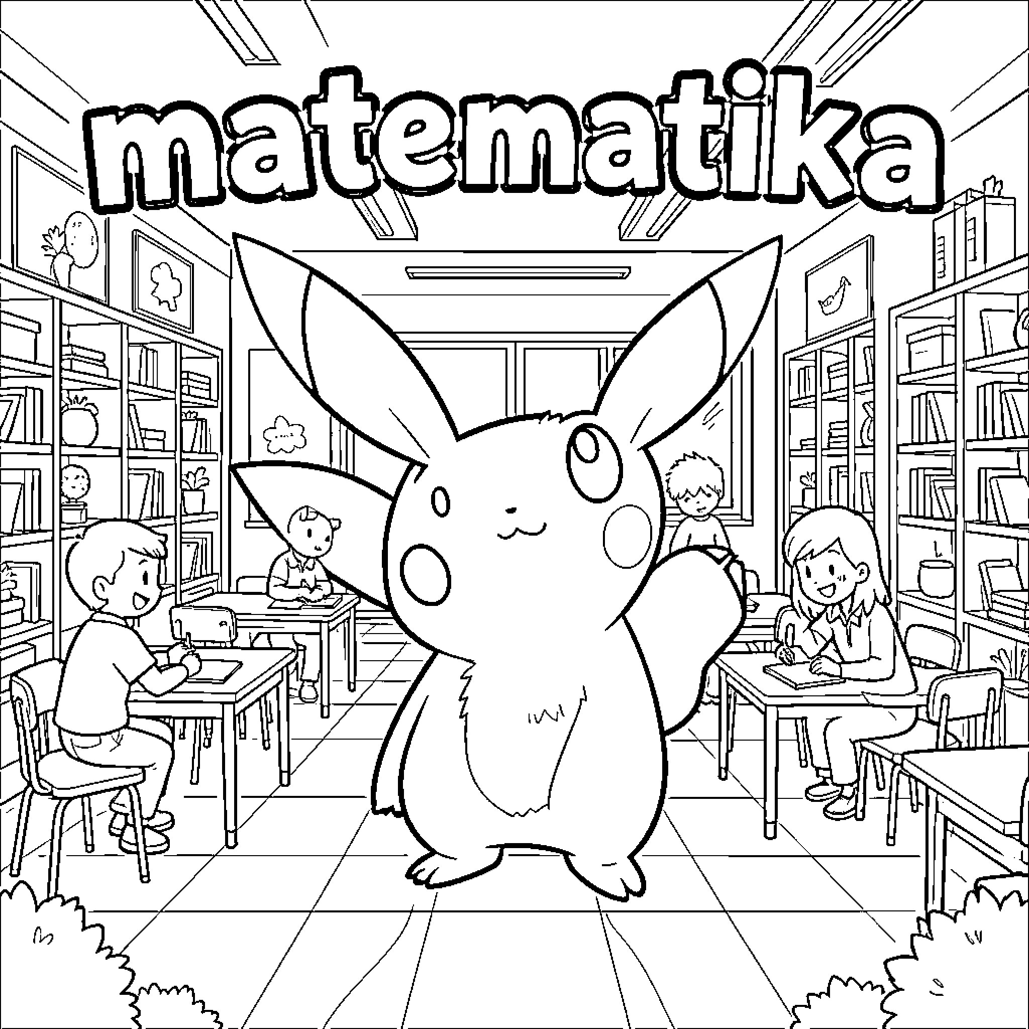 Pokémon posing in a busy classroom setting Coloring Page (free black-and-white line drawing printable PDF for all, from beginners to advanced learners, including children, teens, adults, and seniors)