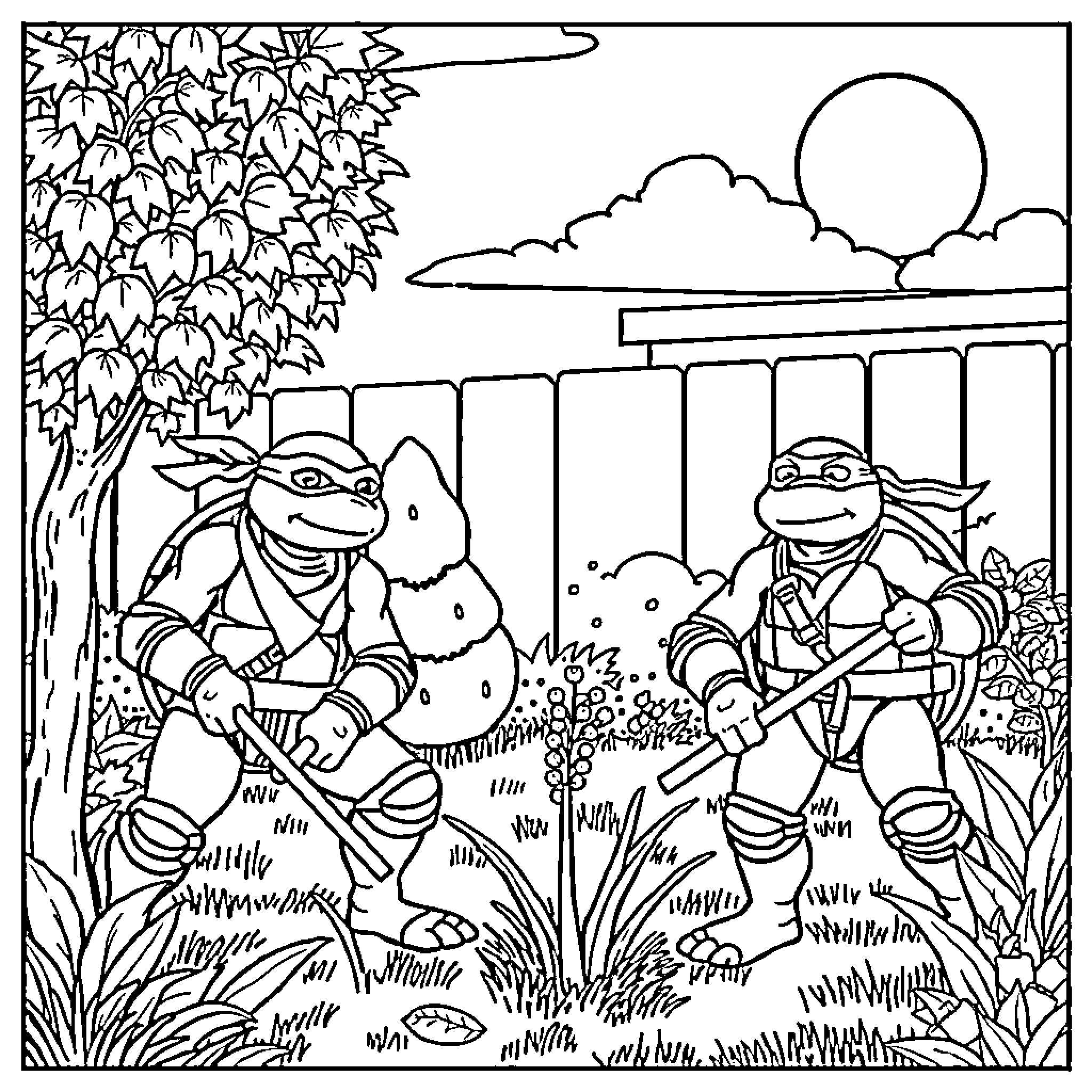 Teenage Mutant Ninja Turtles exploring outdoors Coloring Page (free black-and-white line drawing printable PDF for all, from beginners to advanced learners, including children, teens, adults, and seniors)