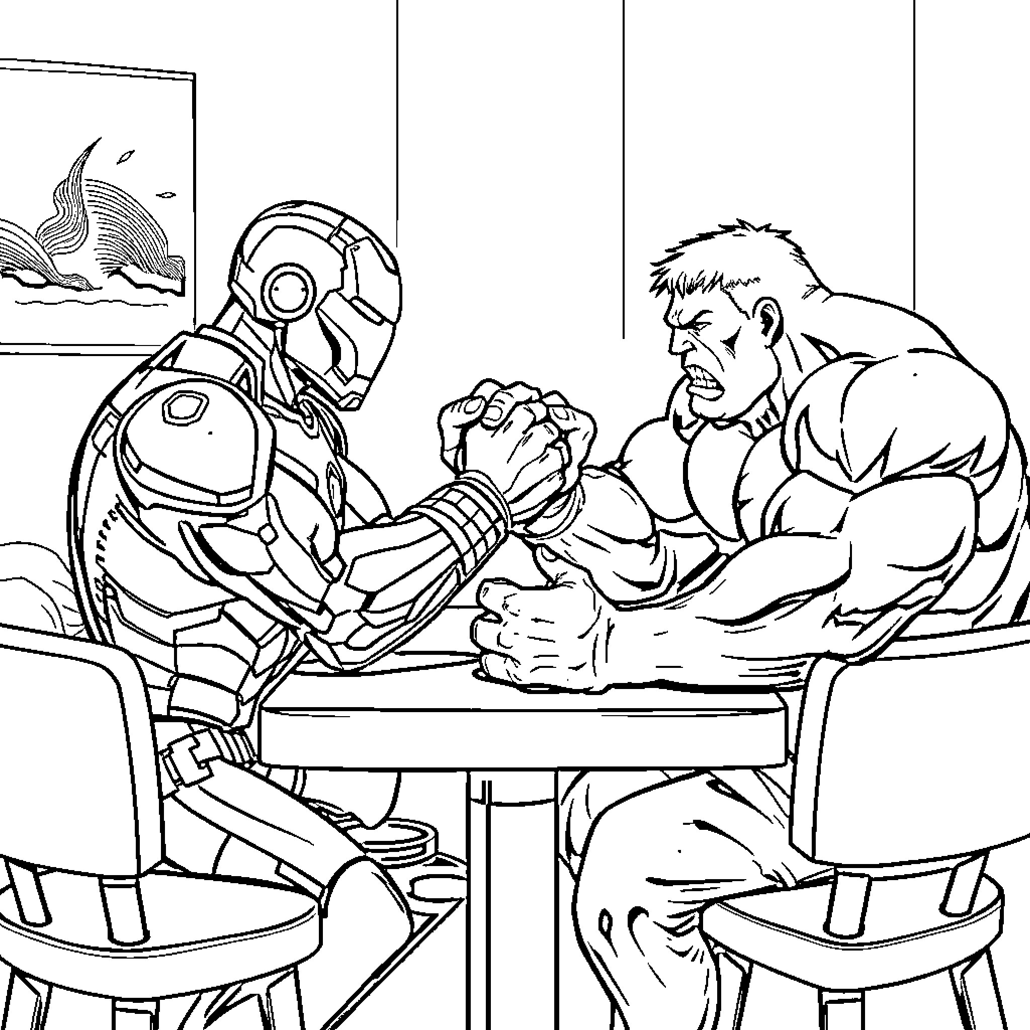 Iron Man arm wrestling with a muscular hero Coloring Page (free black-and-white line drawing printable PDF for all, from beginners to advanced learners, including children, teens, adults, and seniors)