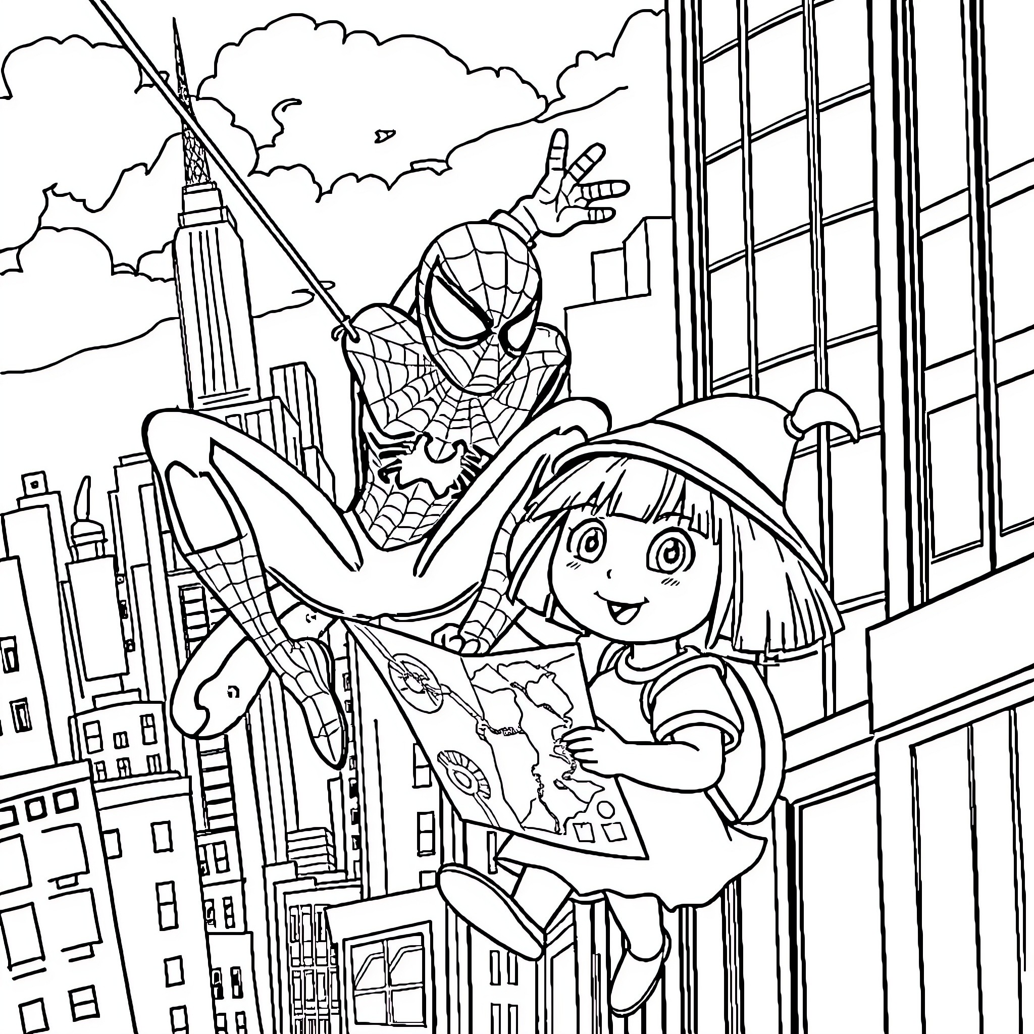 Spiderman swinging with Dora the Explorer in the city Coloring Page (free black-and-white line drawing printable PDF for all, from beginners to advanced learners, including children, teens, adults, and seniors)