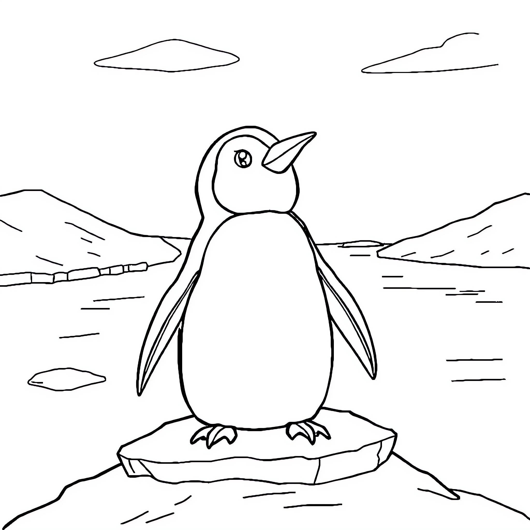 Penguin standing on an iceberg in a winter landscape Coloring Page (free black-and-white line drawing printable PDF for all, from beginners to advanced learners, including children, teens, adults, and seniors)