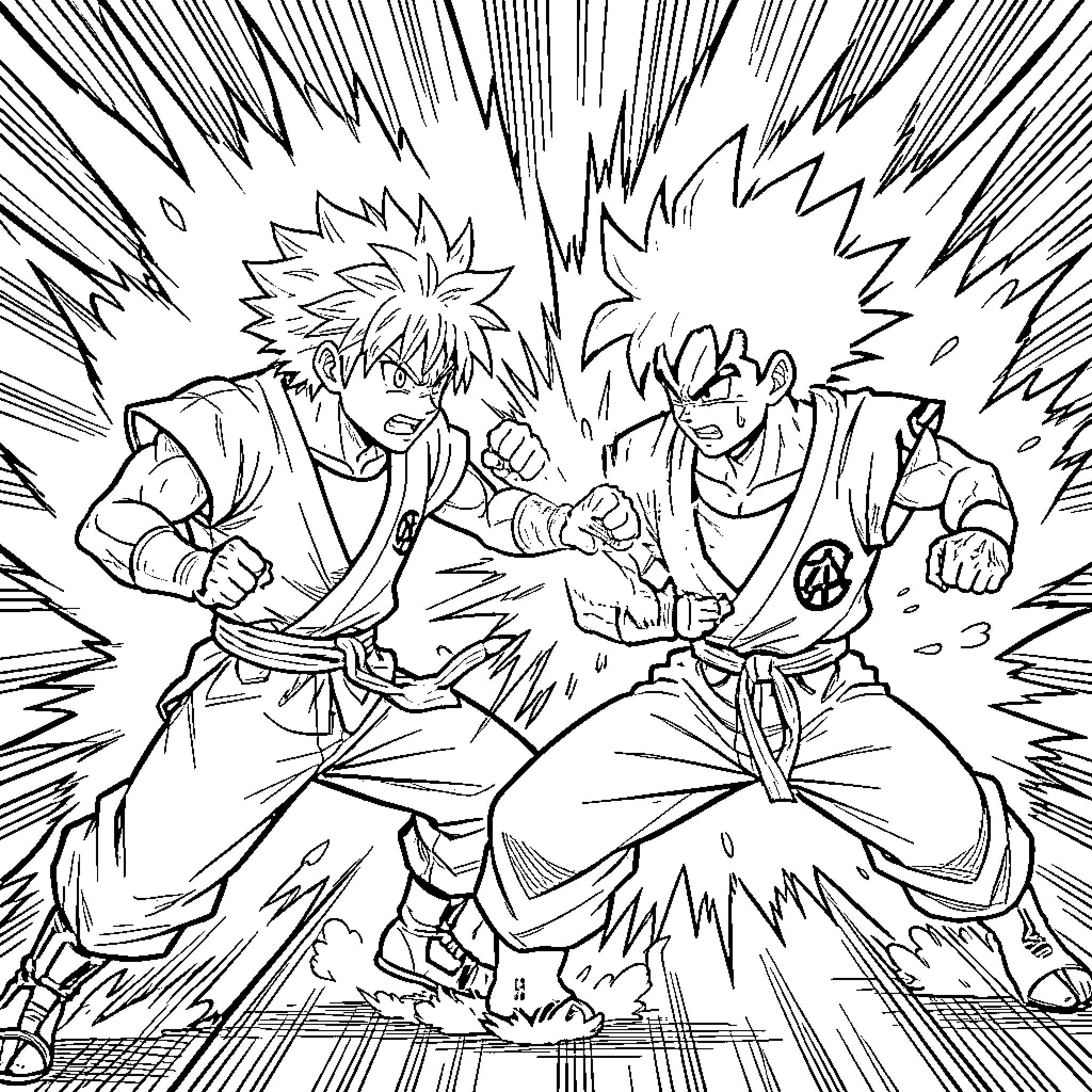 Satoru Gojo engaging in intense combat Coloring Page (free black-and-white line drawing printable PDF for all, from beginners to advanced learners, including children, teens, adults, and seniors)