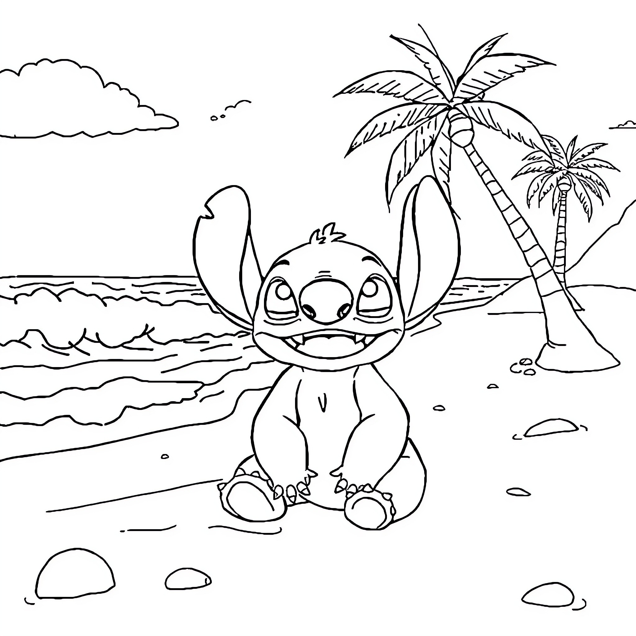 Stitch enjoying a sunny day at the beach Coloring Page (free black-and-white line drawing printable PDF for all, from beginners to advanced learners, including children, teens, adults, and seniors)