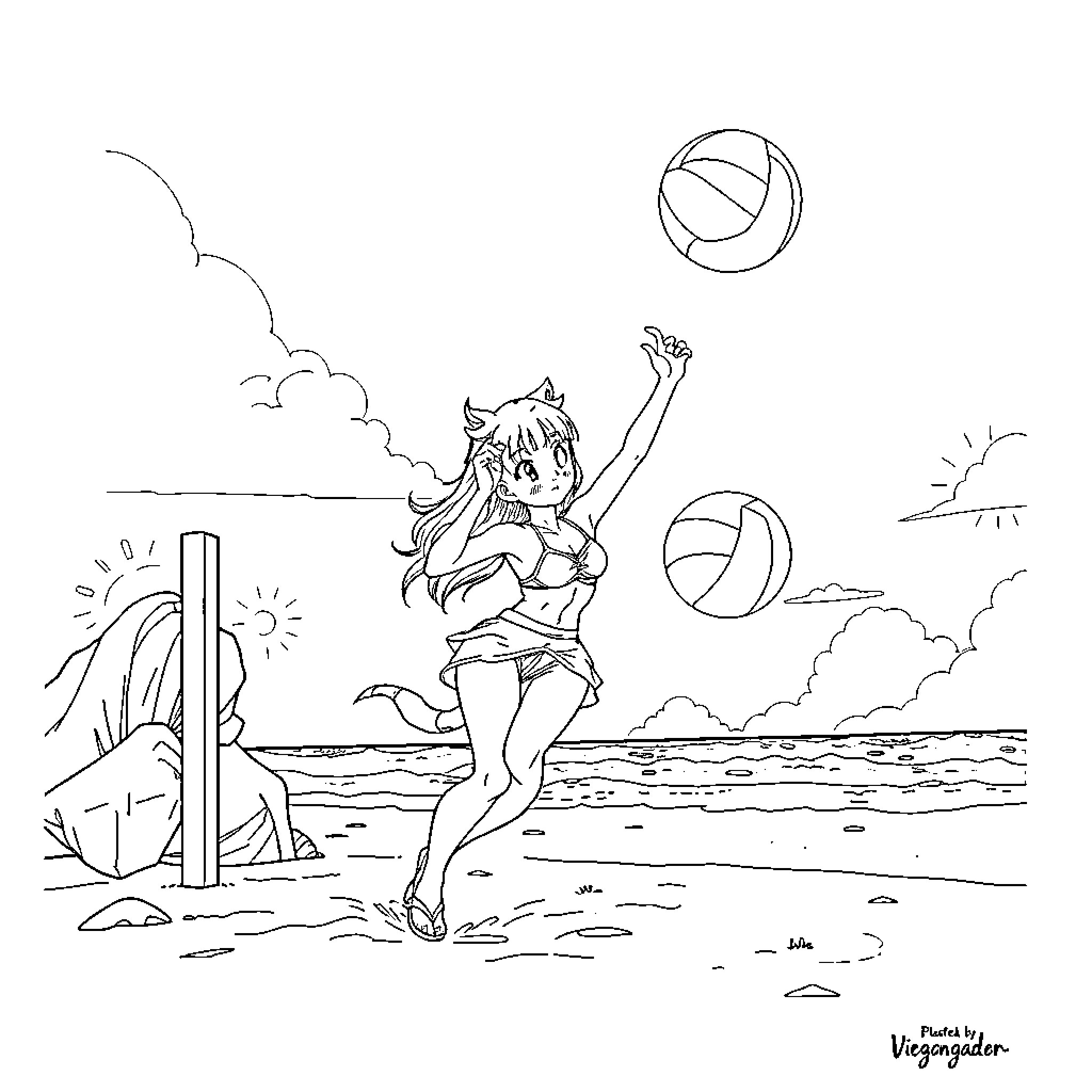 Towa's Beachside Volleyball Adventure Coloring Page (free black-and-white line drawing printable PDF for all, from beginners to advanced learners, including children, teens, adults, and seniors)
