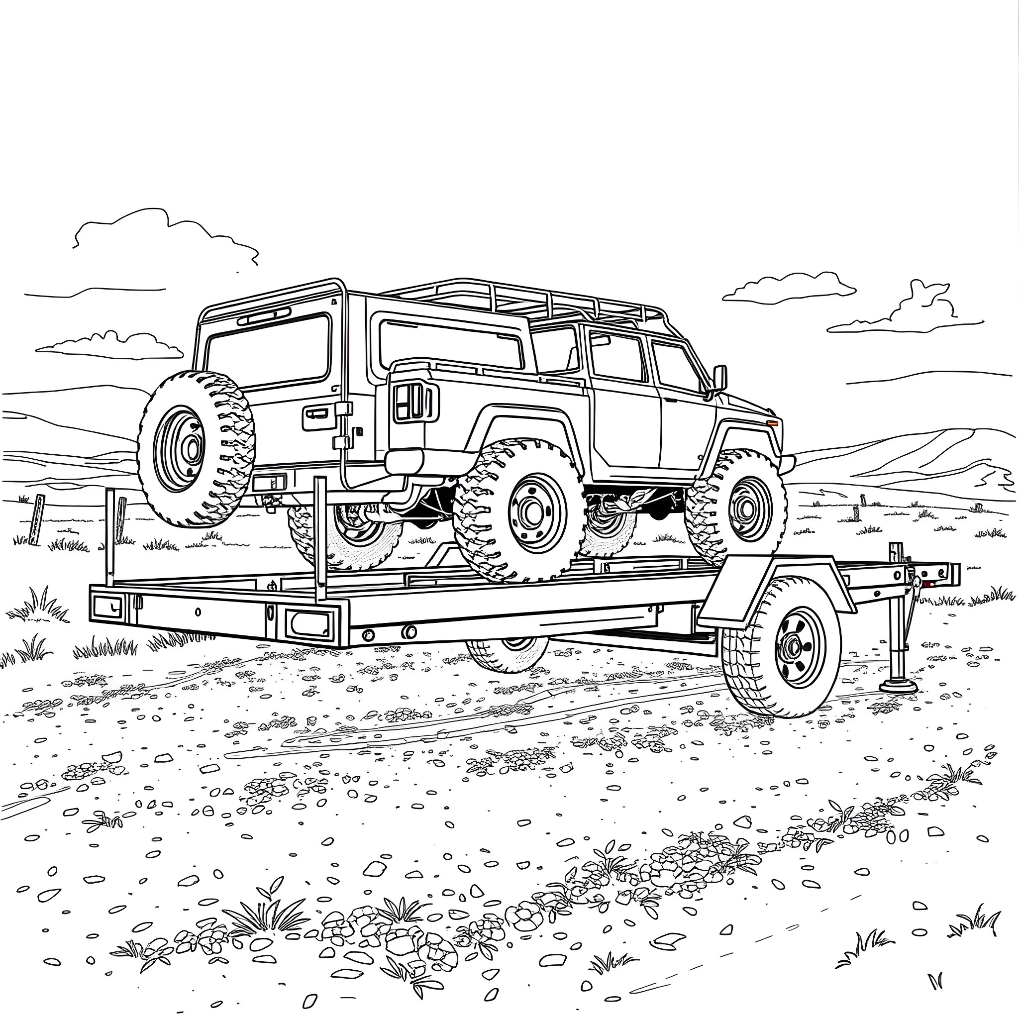 Car Trailer Transporting Rugged Off-Road Vehicle Coloring Page (free black-and-white line drawing printable PDF for all, from beginners to advanced learners, including children, teens, adults, and seniors)