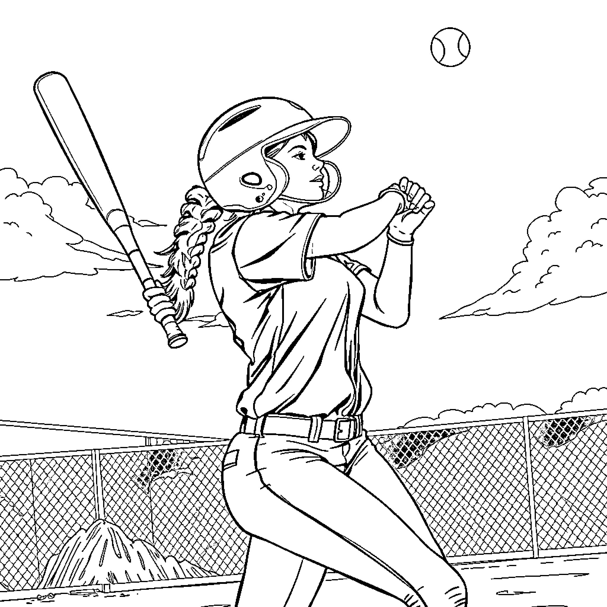 Softball Player Batting with Concentration Coloring Page (free black-and-white line drawing printable PDF for all, from beginners to advanced learners, including children, teens, adults, and seniors)