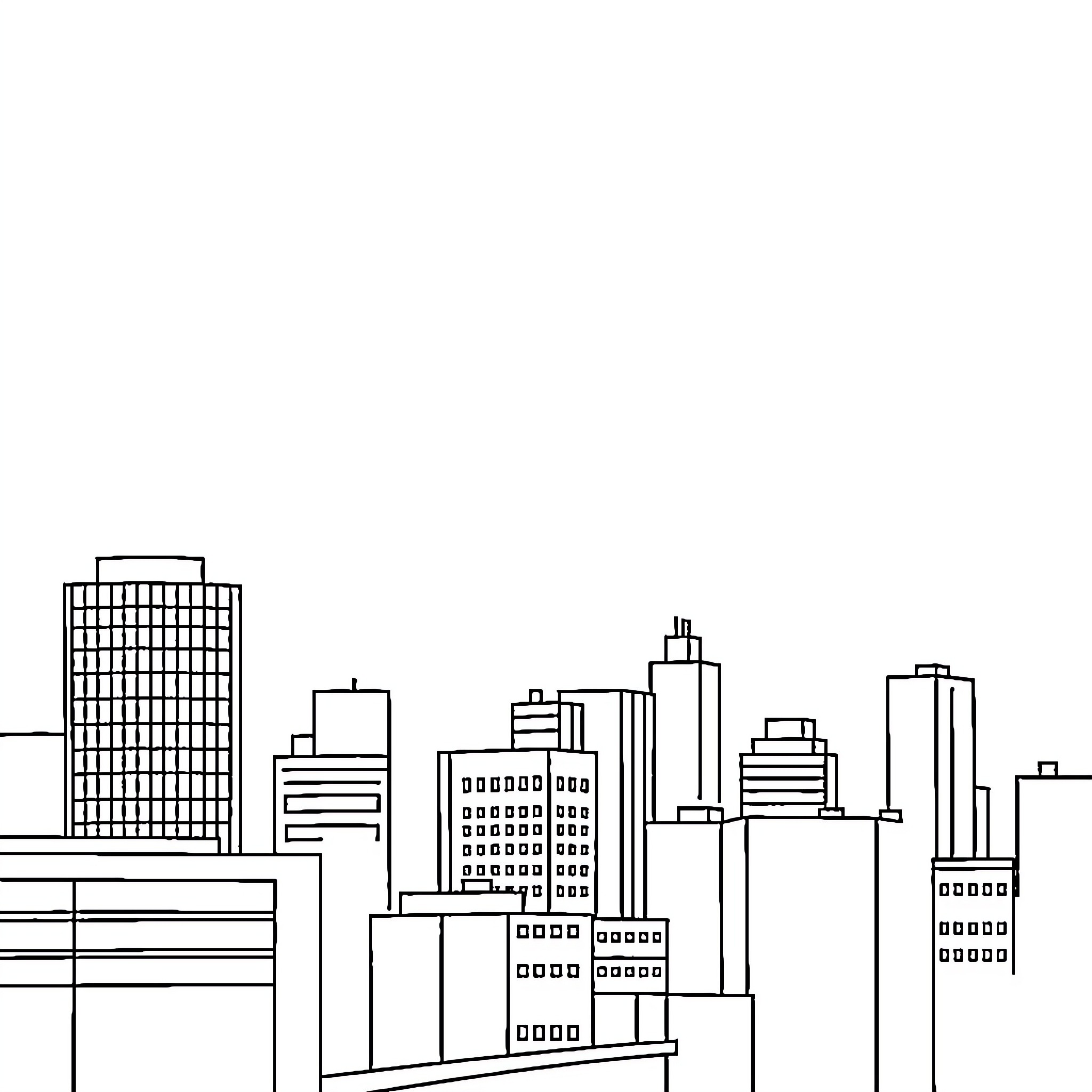 Cityscape of modern urban buildings Coloring Page (free black-and-white line drawing printable PDF for all, from beginners to advanced learners, including children, teens, adults, and seniors)