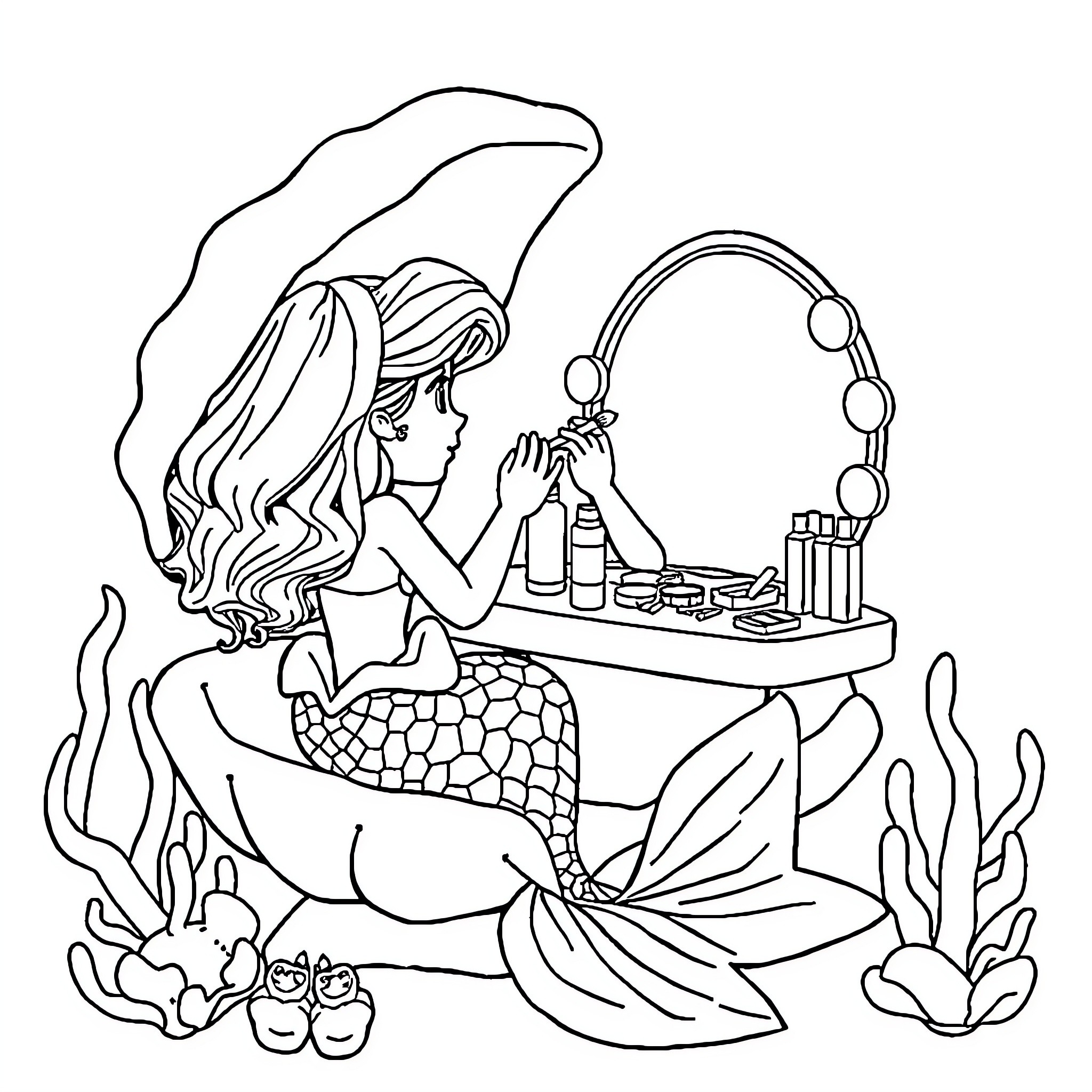 Mermaid getting ready with makeup in the underwater scene Coloring Page (free black-and-white line drawing printable PDF for all, from beginners to advanced learners, including children, teens, adults, and seniors)