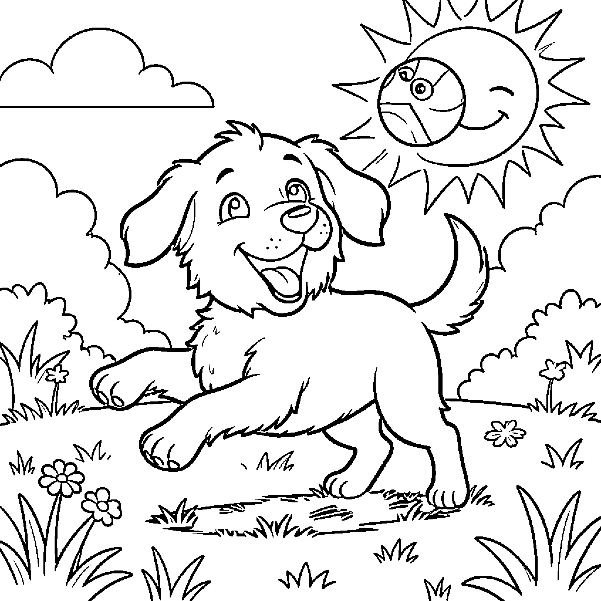 Perro feliz jugando en el campo Coloring Page (free black-and-white line drawing printable PDF for all, from beginners to advanced learners, including children, teens, adults, and seniors)