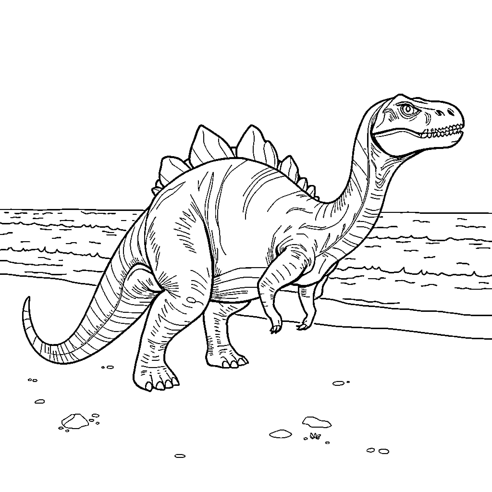Dinosaur enjoying a stroll on the beach Coloring Page (free black-and-white line drawing printable PDF for all, from beginners to advanced learners, including children, teens, adults, and seniors)