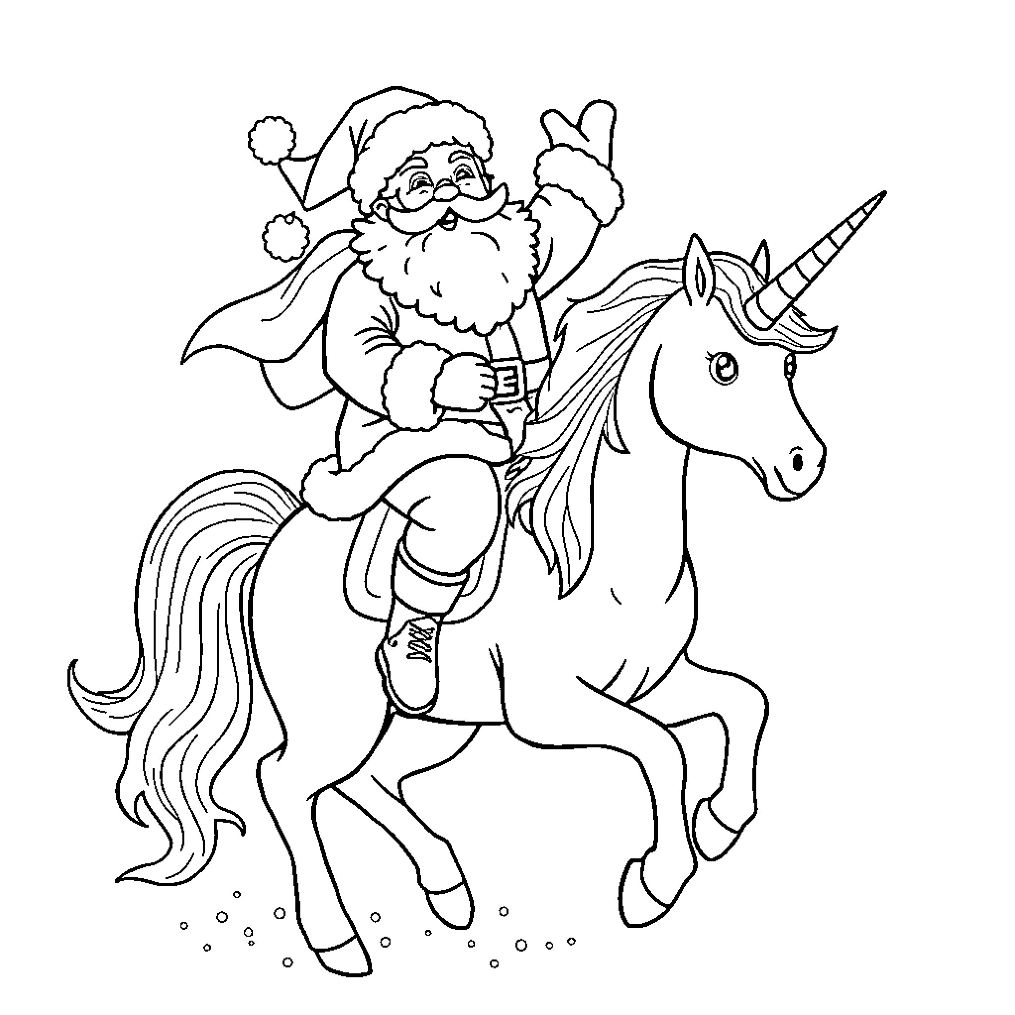 Santa riding a unicorn with excitement Coloring Page (free black-and-white line drawing printable PDF for all, from beginners to advanced learners, including children, teens, adults, and seniors)
