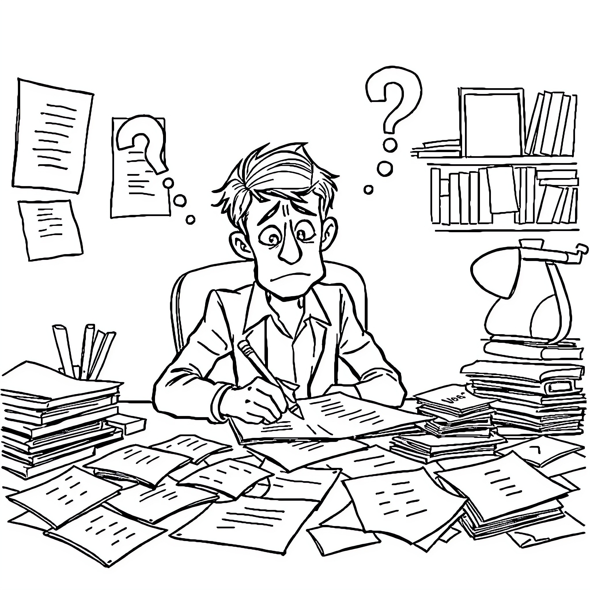 Person working diligently on paperwork at a cluttered desk Coloring Page (free black-and-white line drawing printable PDF for all, from beginners to advanced learners, including children, teens, adults, and seniors)