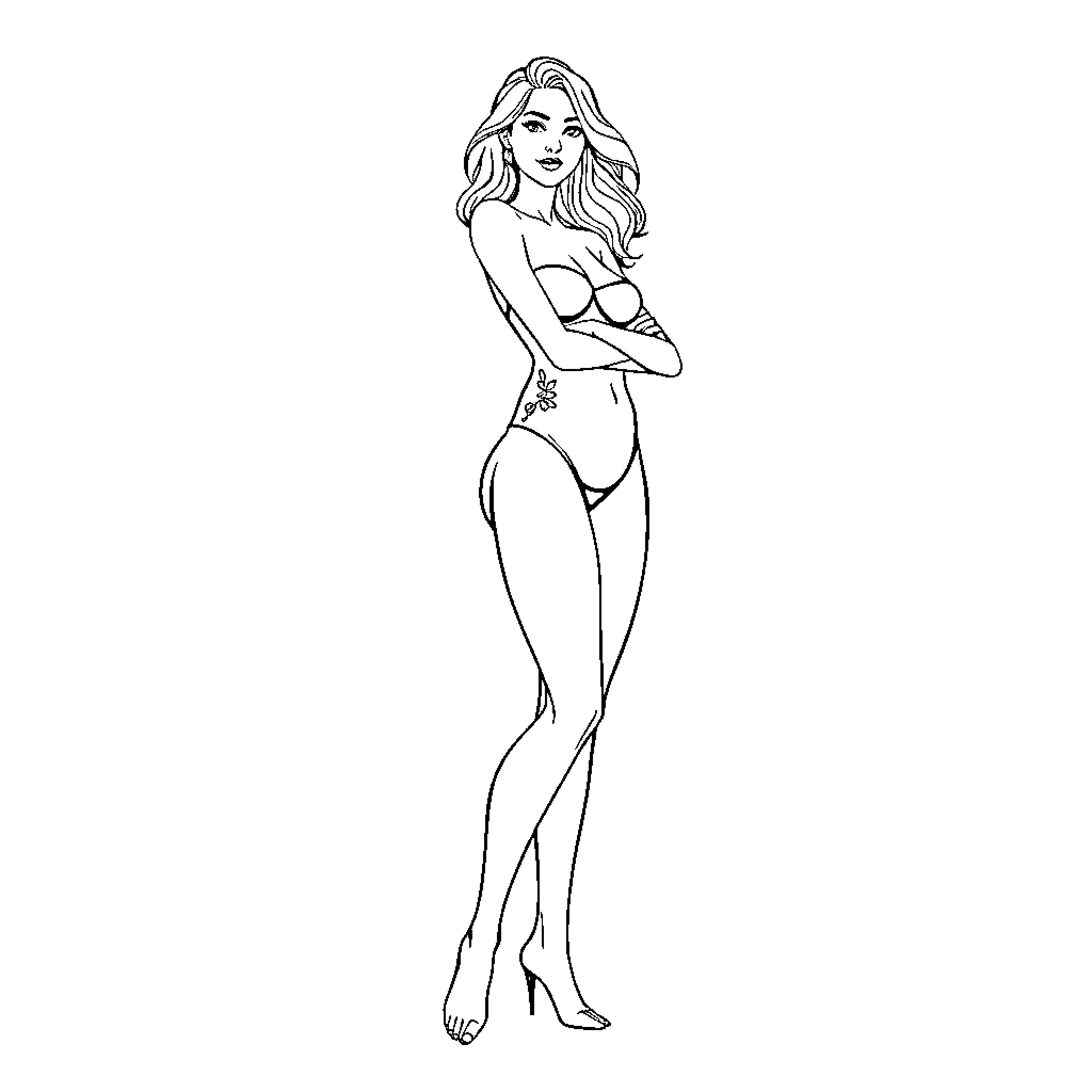 Woman posing confidently in swimwear Coloring Page (free black-and-white line drawing printable PDF for all, from beginners to advanced learners, including children, teens, adults, and seniors)