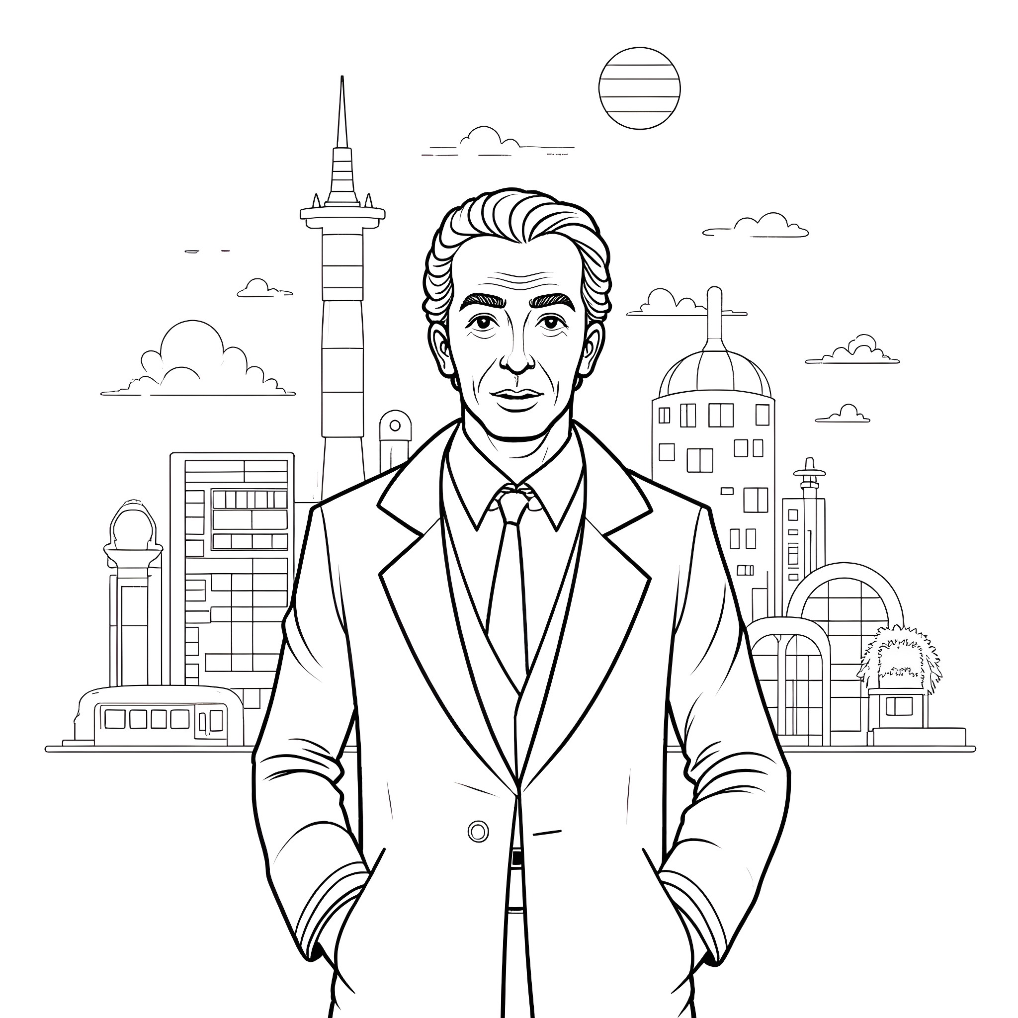 Lieutenant Columbo investigating a cityscape mystery Coloring Page (free black-and-white line drawing printable PDF for all, from beginners to advanced learners, including children, teens, adults, and seniors)