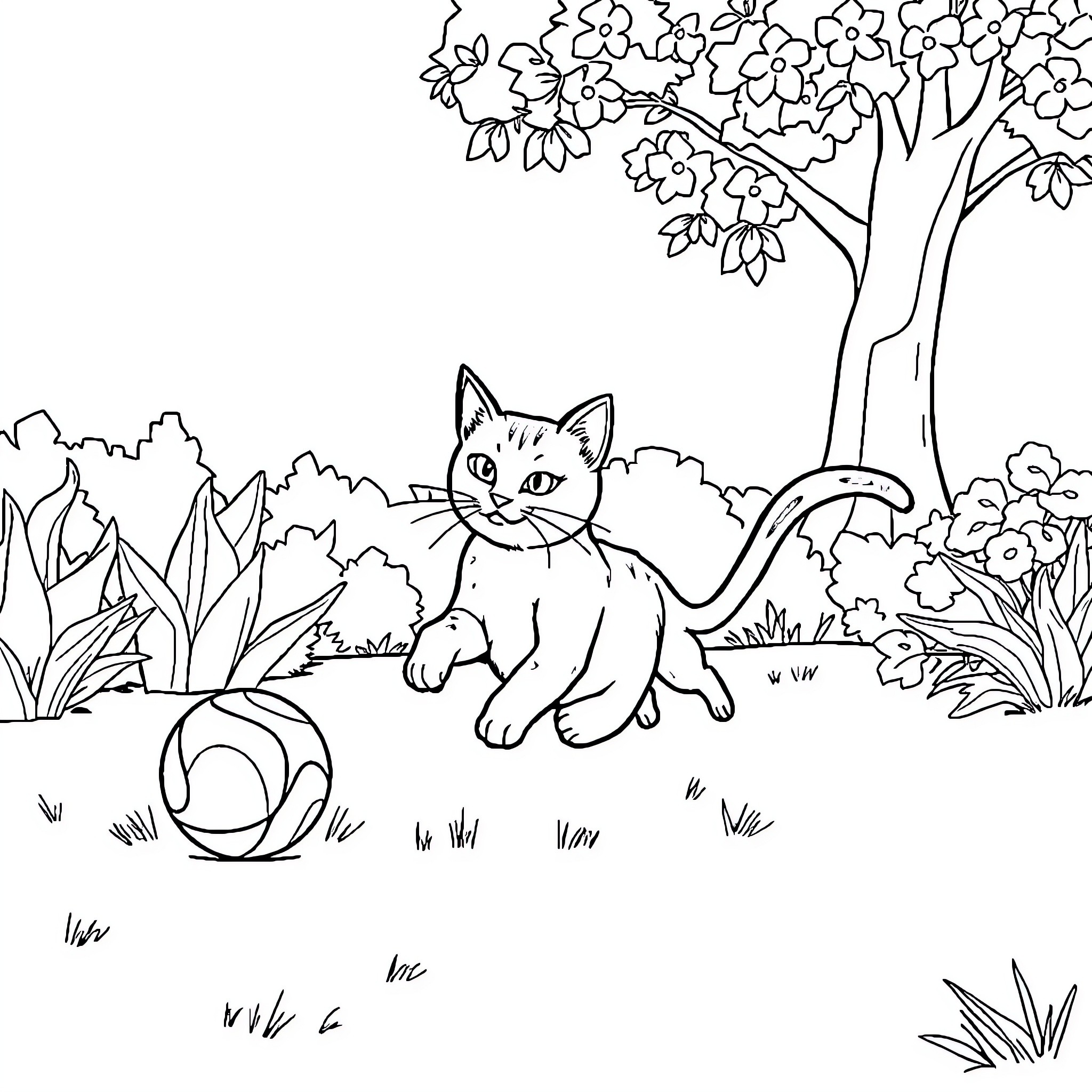 Cat exploring the lush garden Coloring Page (free black-and-white line drawing printable PDF for all, from beginners to advanced learners, including children, teens, adults, and seniors)