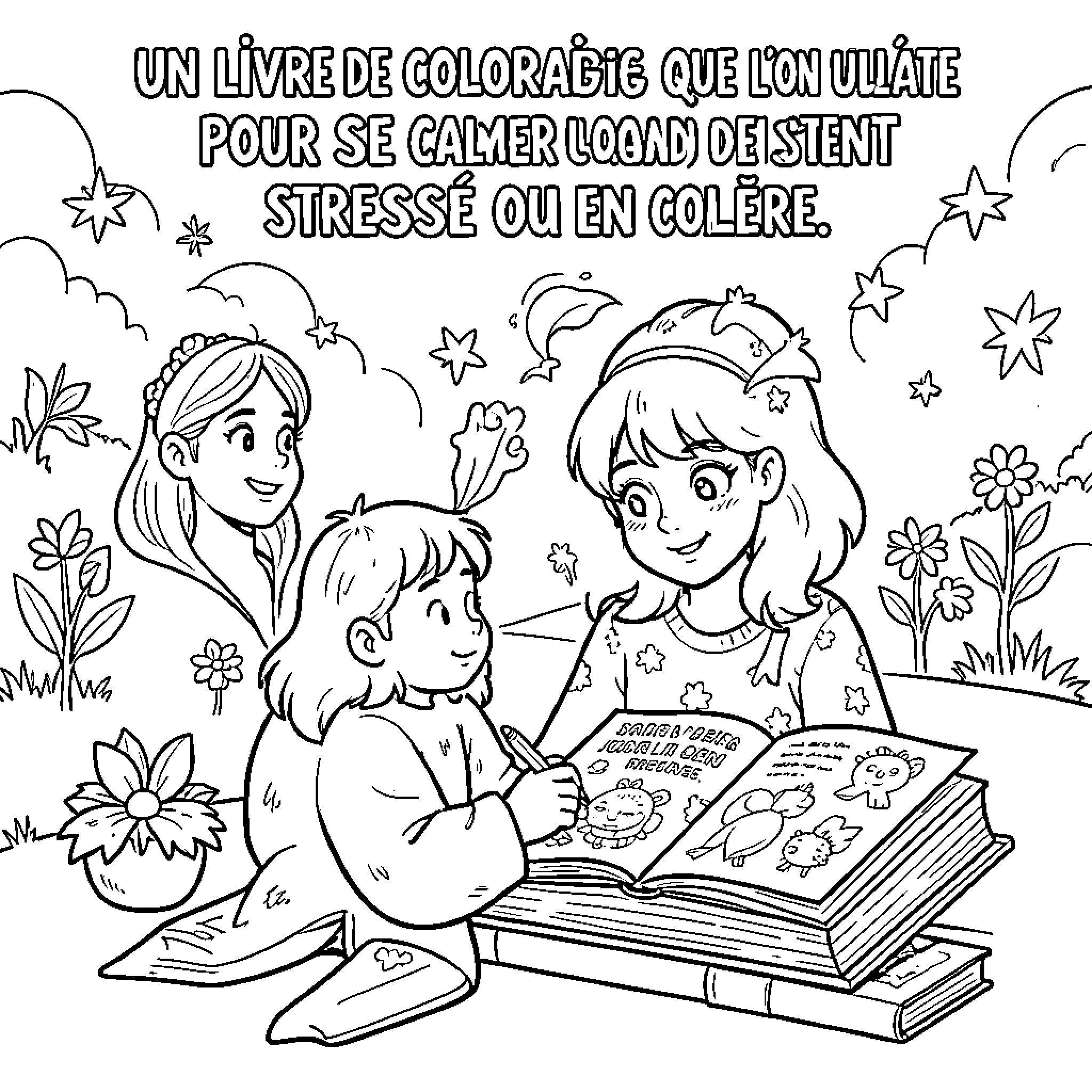 Young girl and woman reading a book together Coloring Page (free black-and-white line drawing printable PDF for all, from beginners to advanced learners, including children, teens, adults, and seniors)