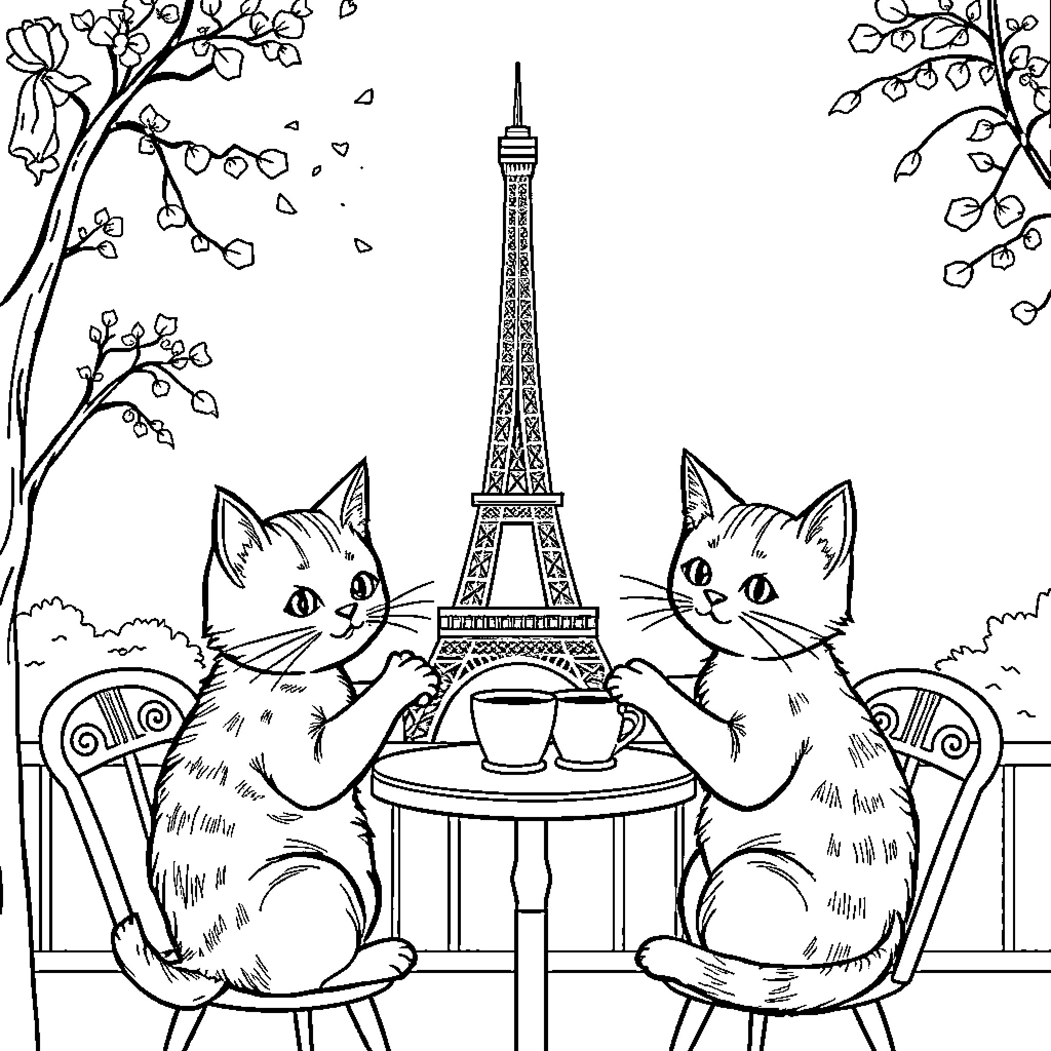 Cats enjoying tea time near Eiffel Tower Coloring Page (free black-and-white line drawing printable PDF for all, from beginners to advanced learners, including children, teens, adults, and seniors)