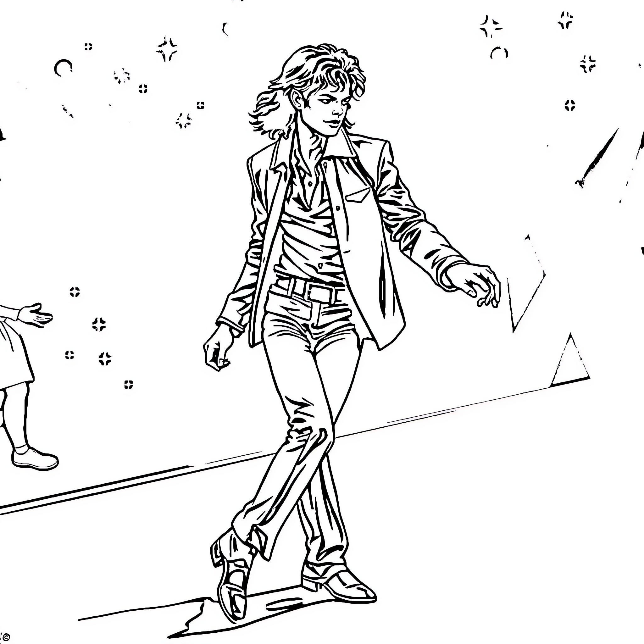 Mickael Jackson performing on stage with signature moves Coloring Page (free black-and-white line drawing printable PDF for all, from beginners to advanced learners, including children, teens, adults, and seniors)