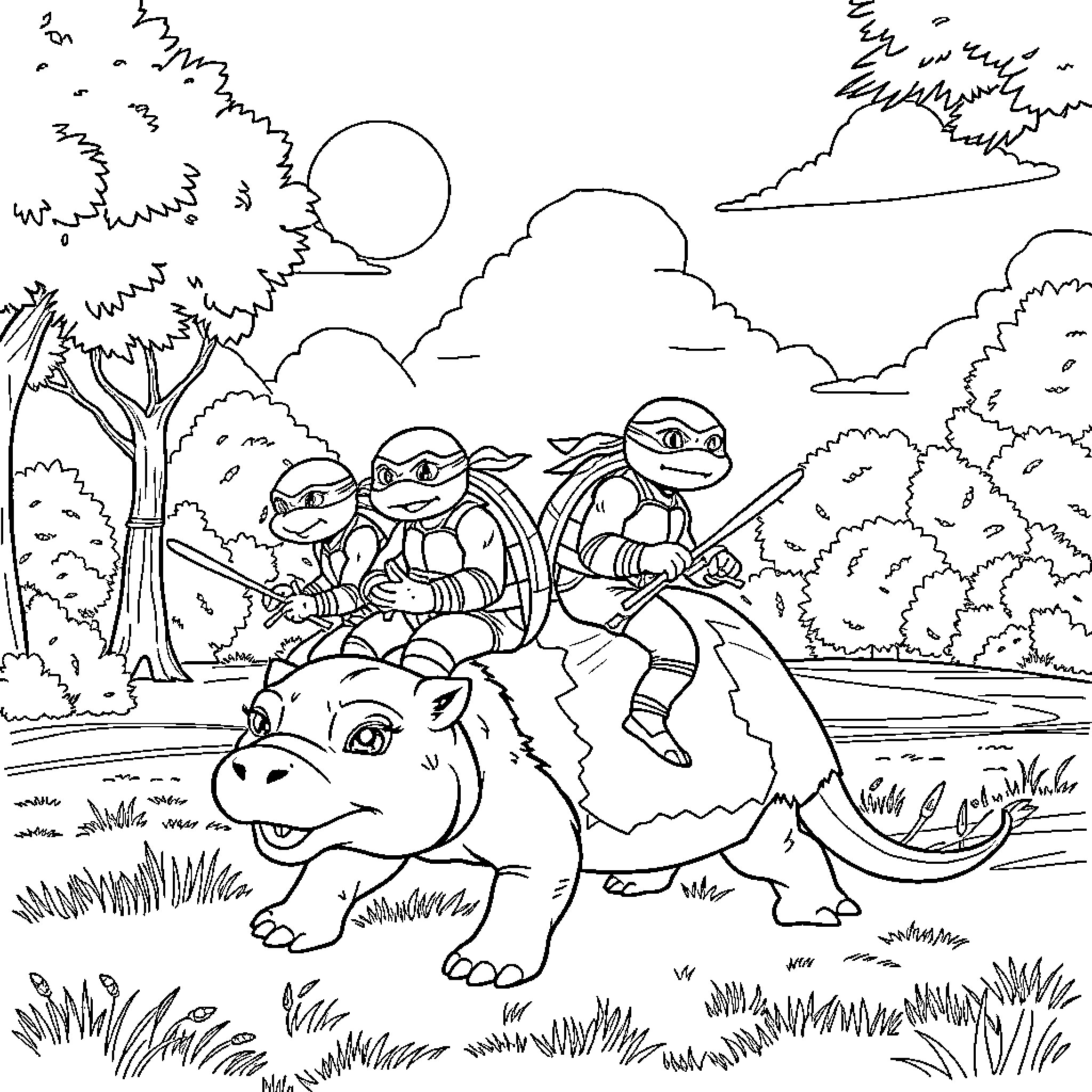 Ninja Turtles on a Ride Through the Enchanted Forest Coloring Page (free black-and-white line drawing printable PDF for all, from beginners to advanced learners, including children, teens, adults, and seniors)