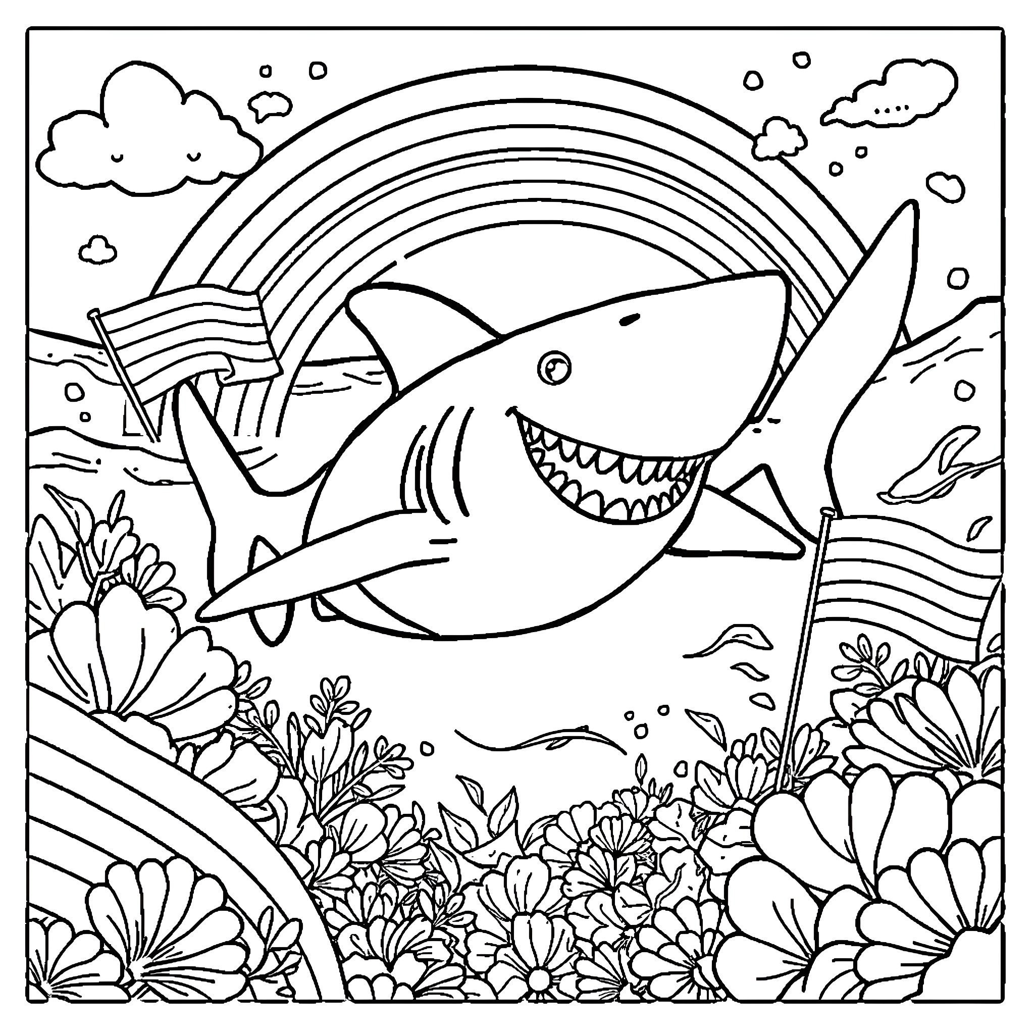 Shark swimming happily in the ocean with flowers Coloring Page (free black-and-white line drawing printable PDF for all, from beginners to advanced learners, including children, teens, adults, and seniors)