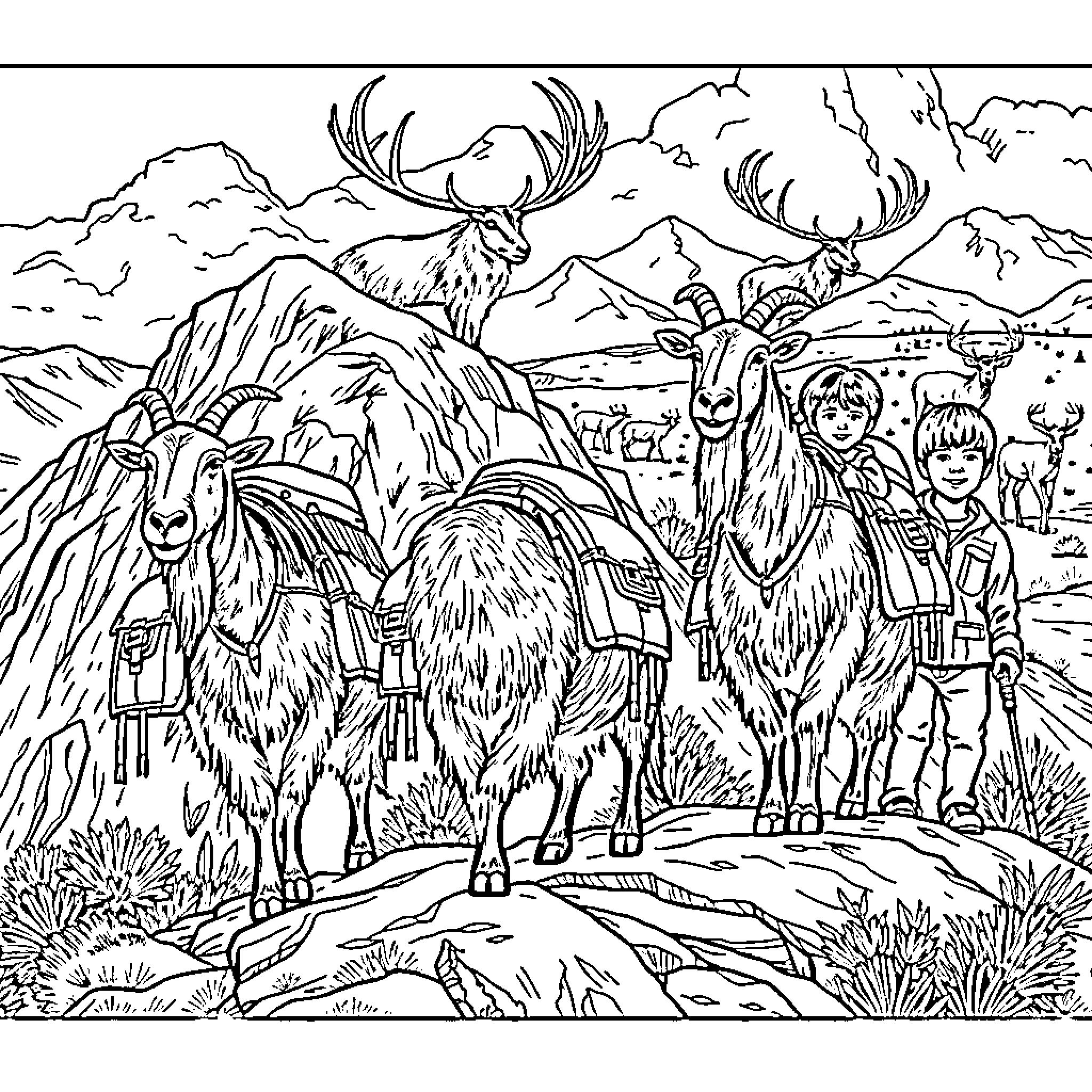 Goat Herders Tending to Their Flock in the Mountains Coloring Page (free black-and-white line drawing printable PDF for all, from beginners to advanced learners, including children, teens, adults, and seniors)