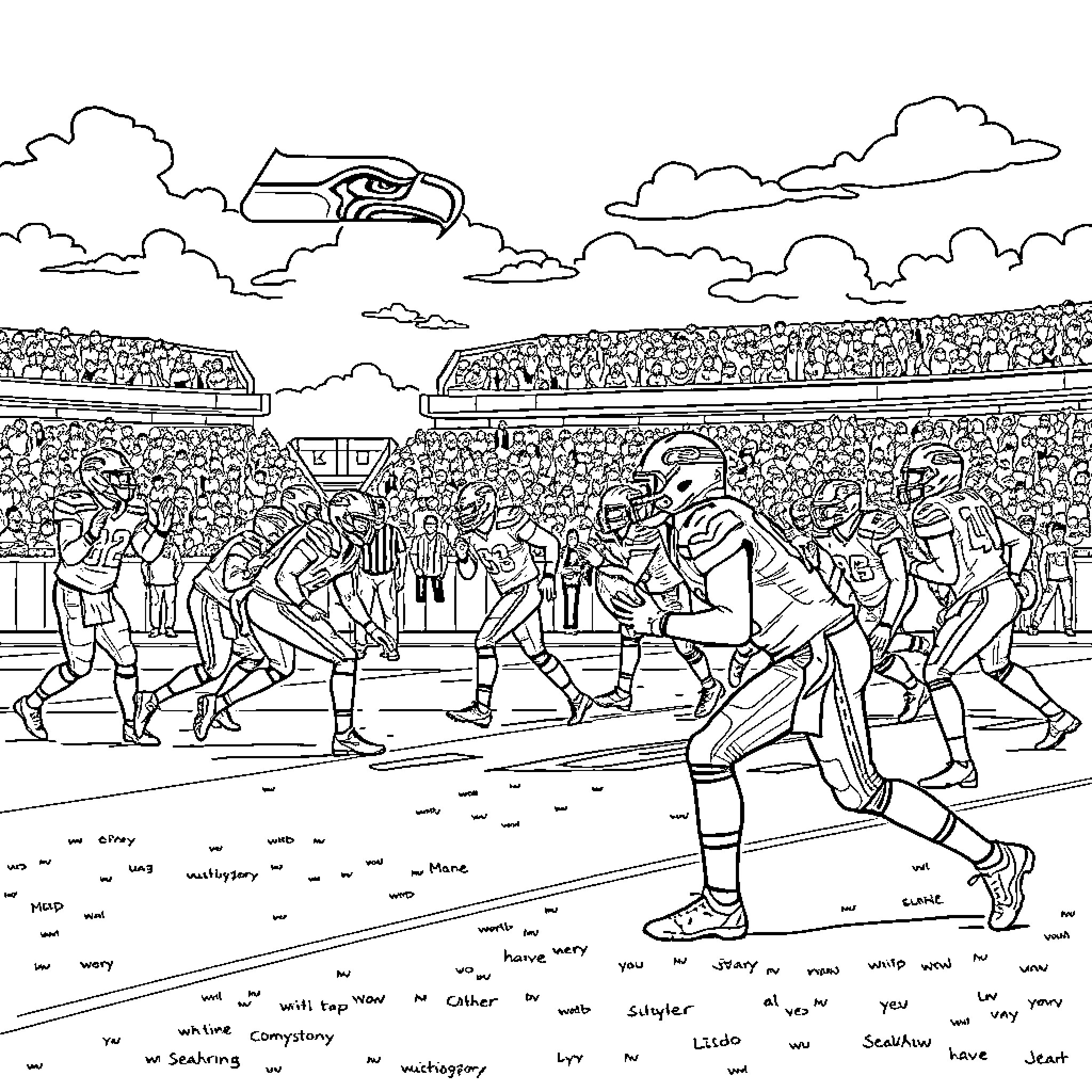 Seahawk players in action on the field Coloring Page (free black-and-white line drawing printable PDF for all, from beginners to advanced learners, including children, teens, adults, and seniors)